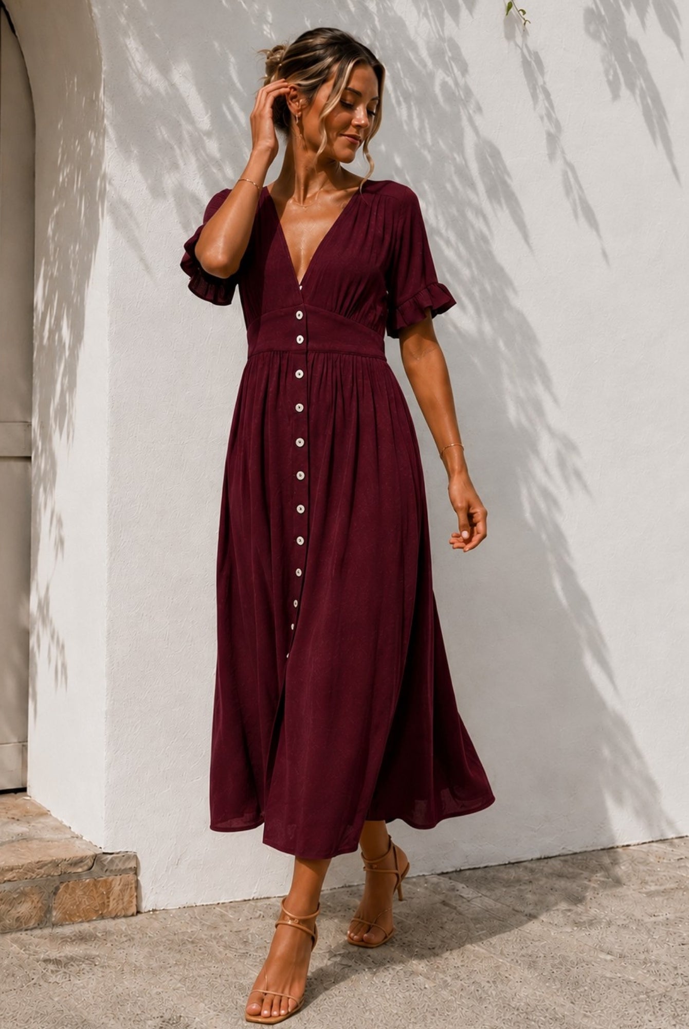 Women's bordeaux linen midi dress front view, the Korbela Dress in Bordeaux by Esther & Co