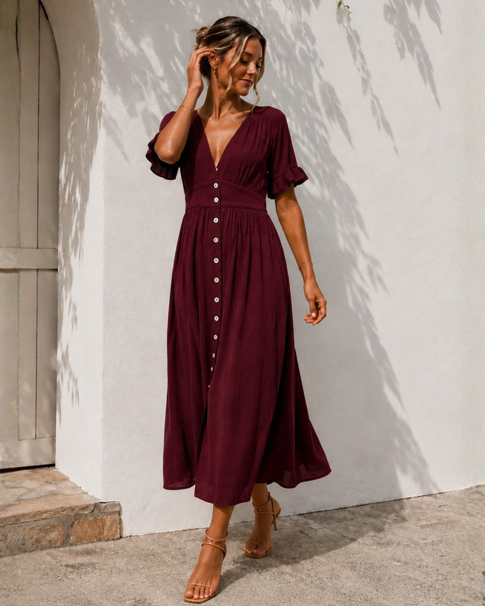 Women's bordeaux linen midi dress front view, the Korbela Dress in Bordeaux by Esther & Co