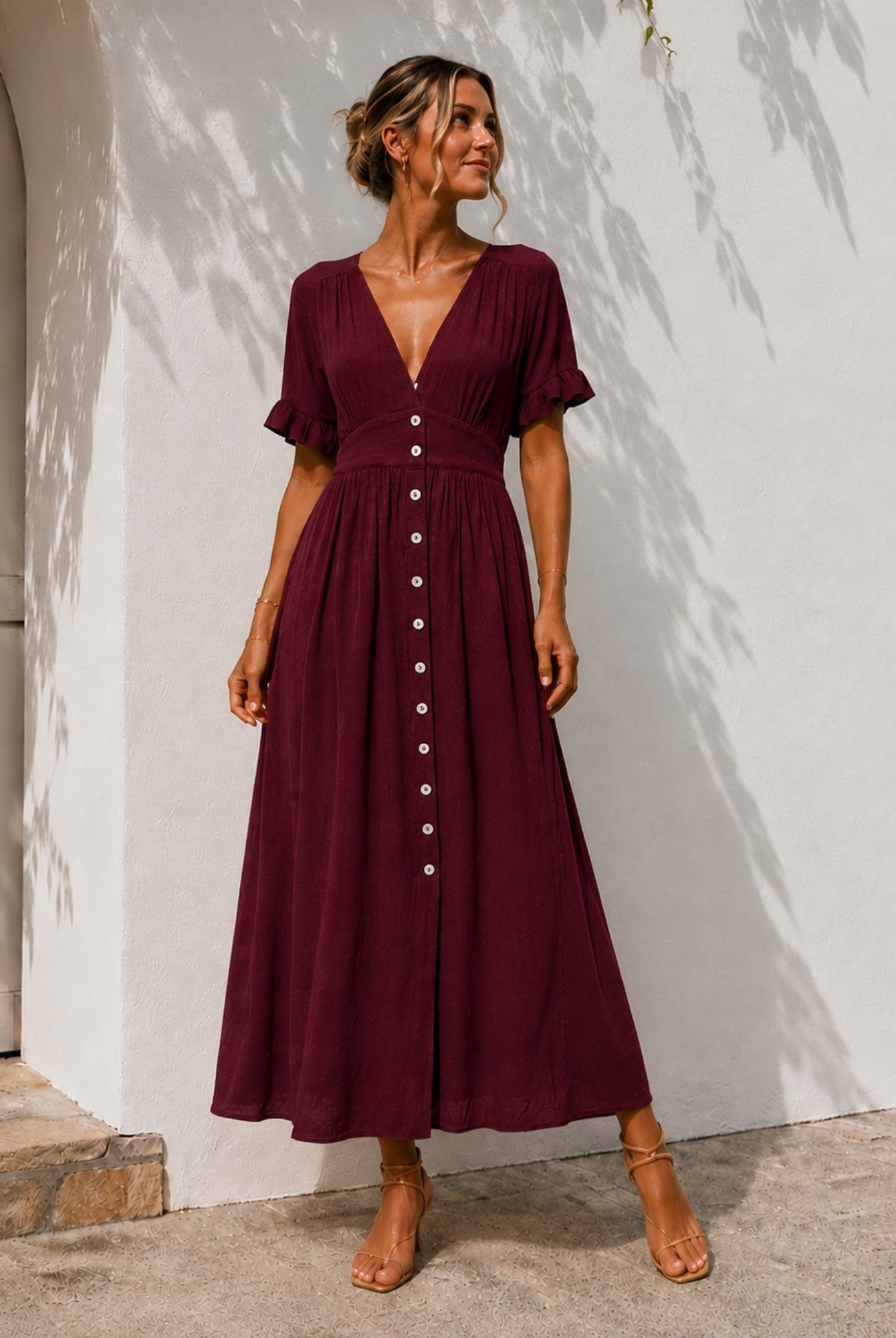 Women's bordeaux linen midi dress side view, the Korbela Dress in Bordeaux by Esther & Co