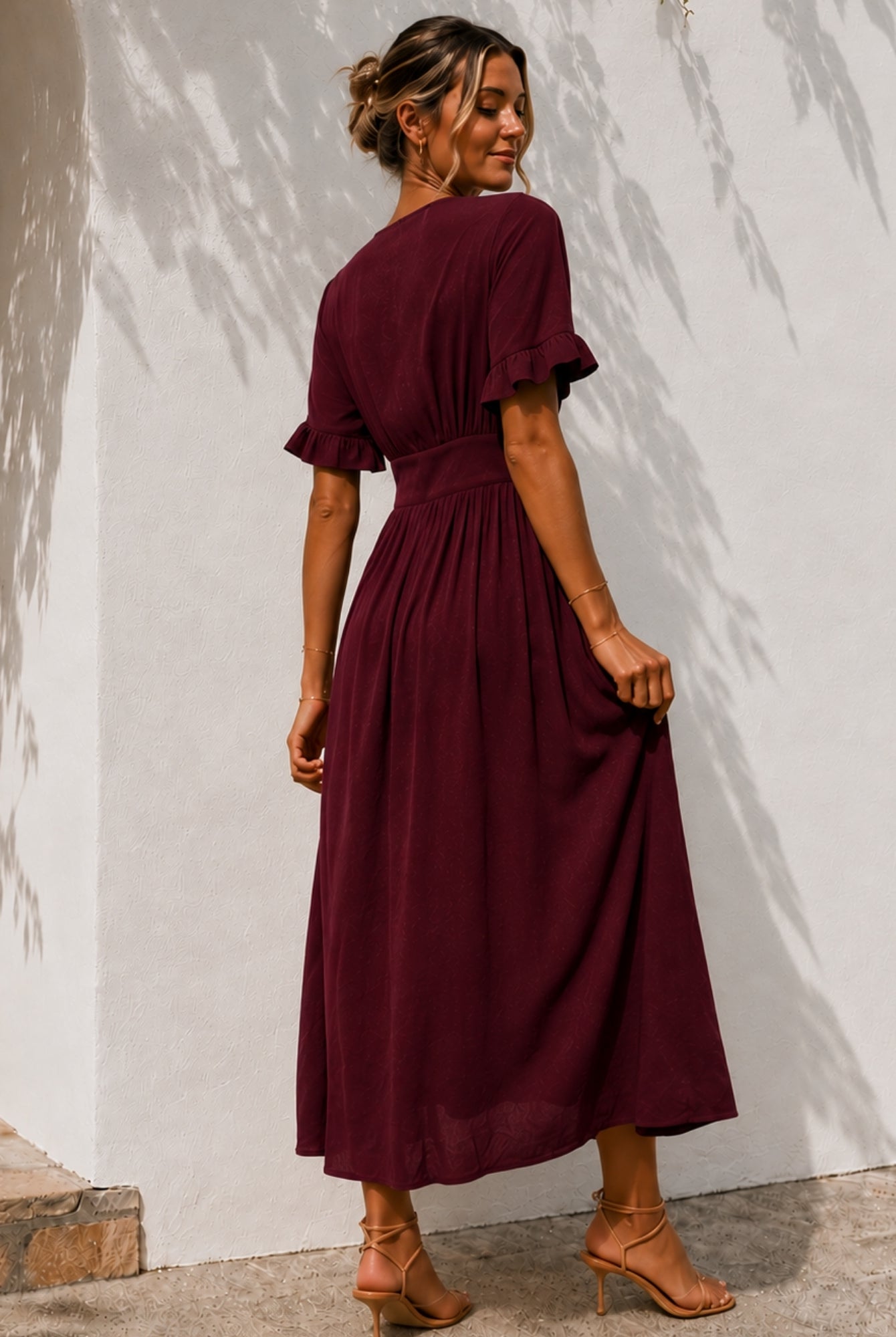Women's bordeaux linen blend midi dress full length view, the Korbela Dress in Bordeaux by Esther & Co