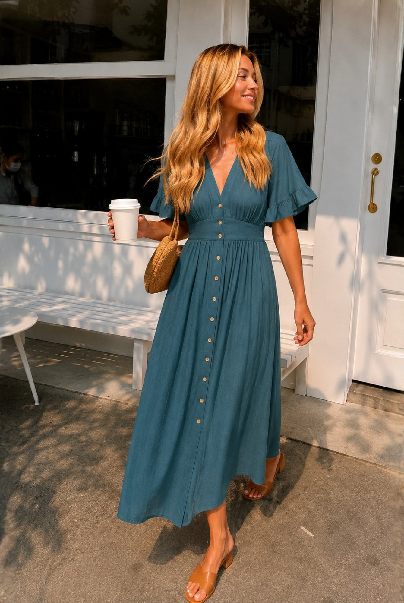 Women's deep green linen midi dress, the Korbela Dress in Deep Green by Esther & Co