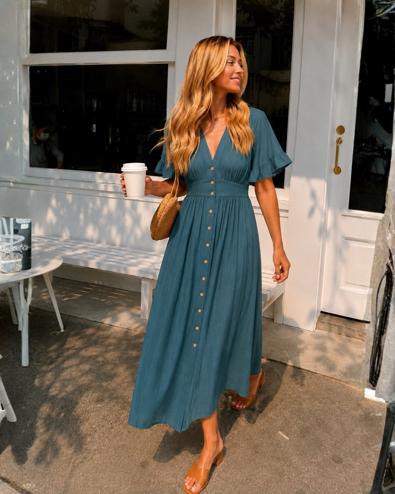 Women's deep green linen midi dress, the Korbela Dress in Deep Green by Esther & Co