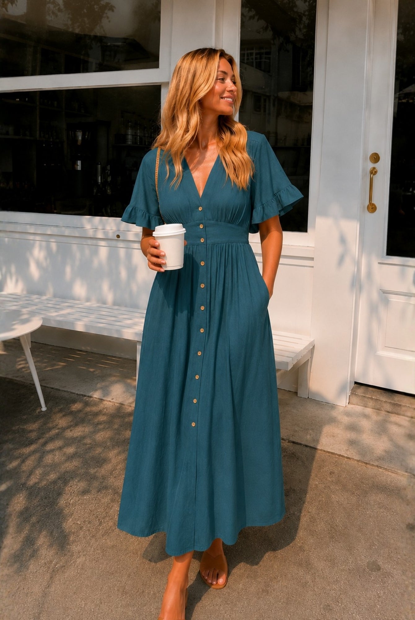 Women's deep green short sleeve linen midi dress, the Korbela Dress in Deep Green by Esther & Co