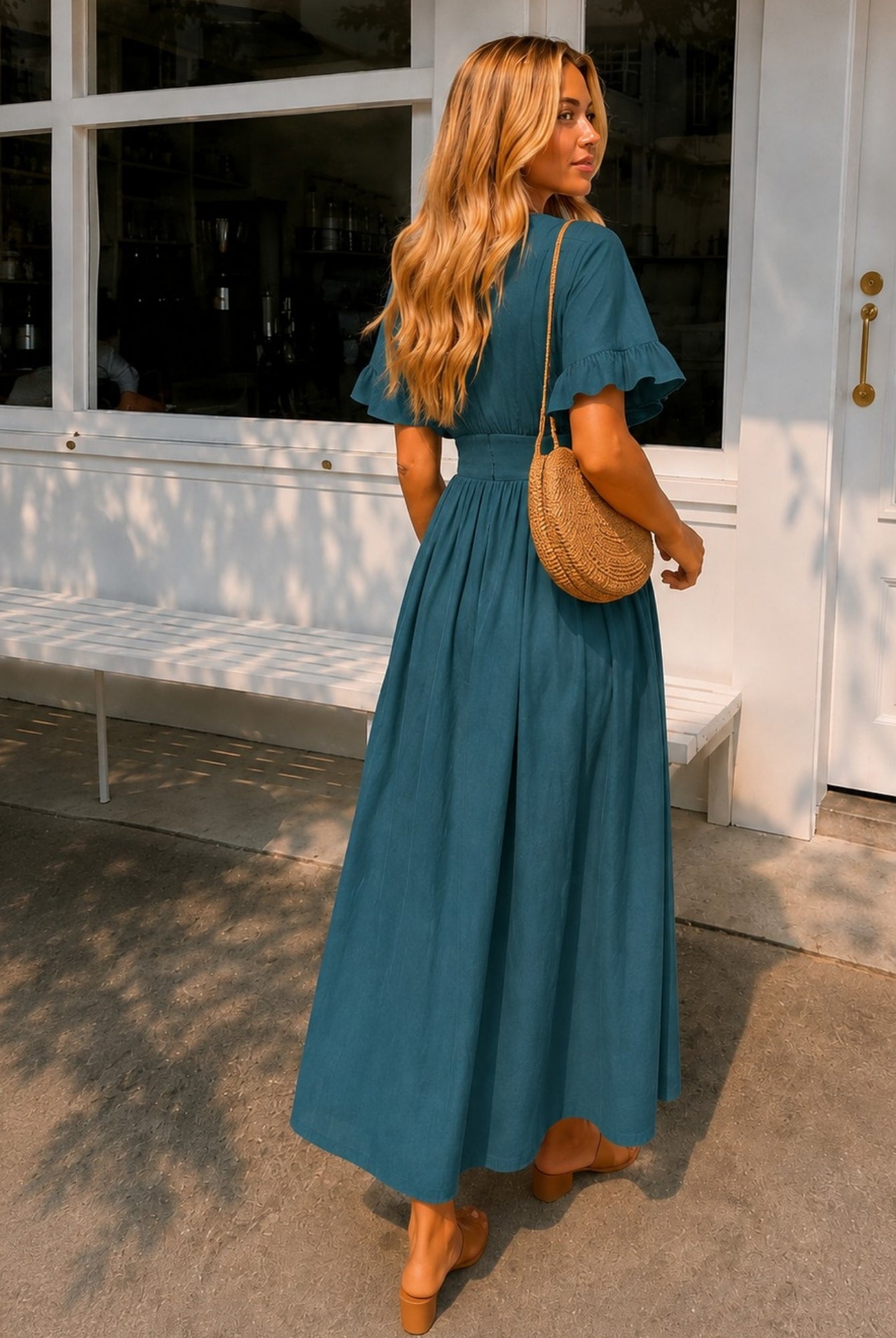 Women's deep green linen midi dress side view, the Korbela Dress in Deep Green by Esther & Co