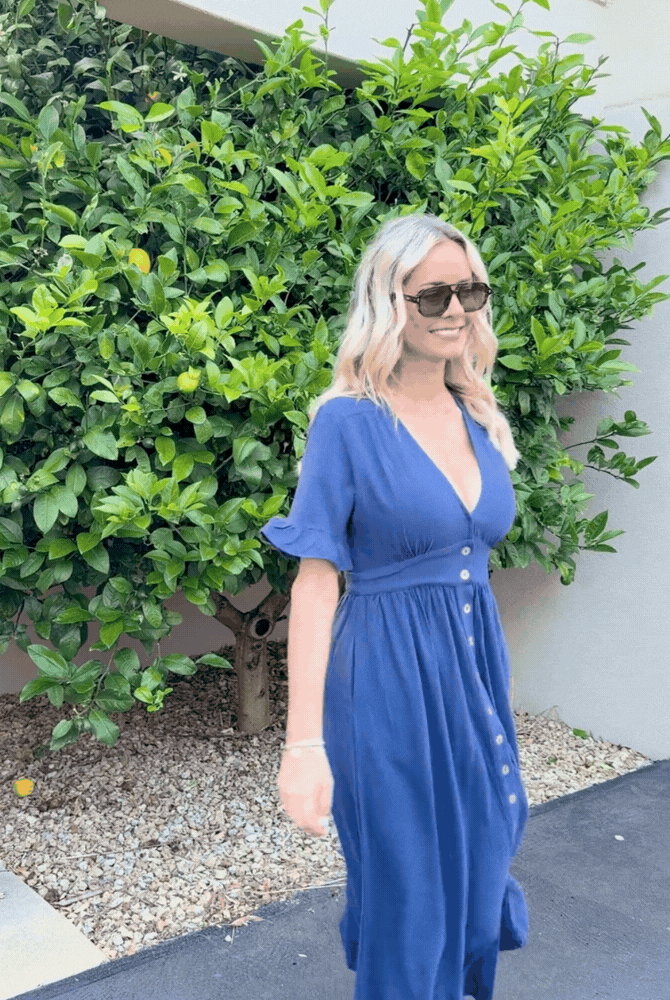 Korbela navy spot print linen midi dress, animation