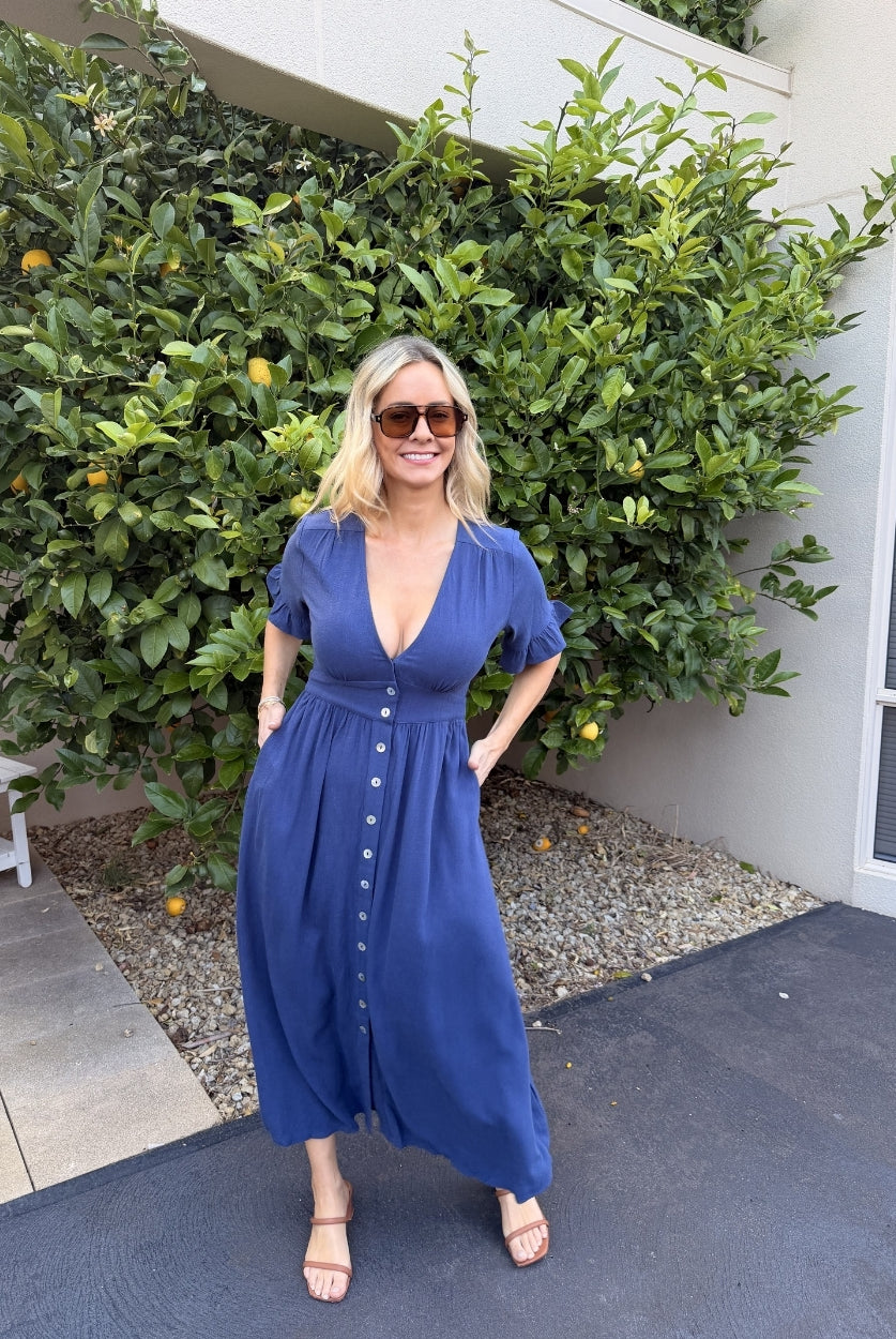 Korbela navy spot print linen midi dress, detail view