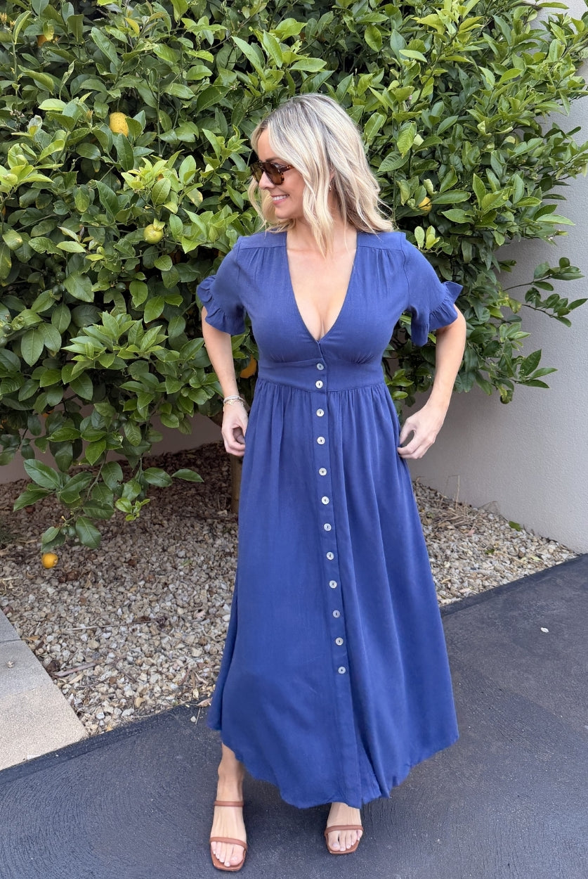 Korbela navy linen midi dress, styled look