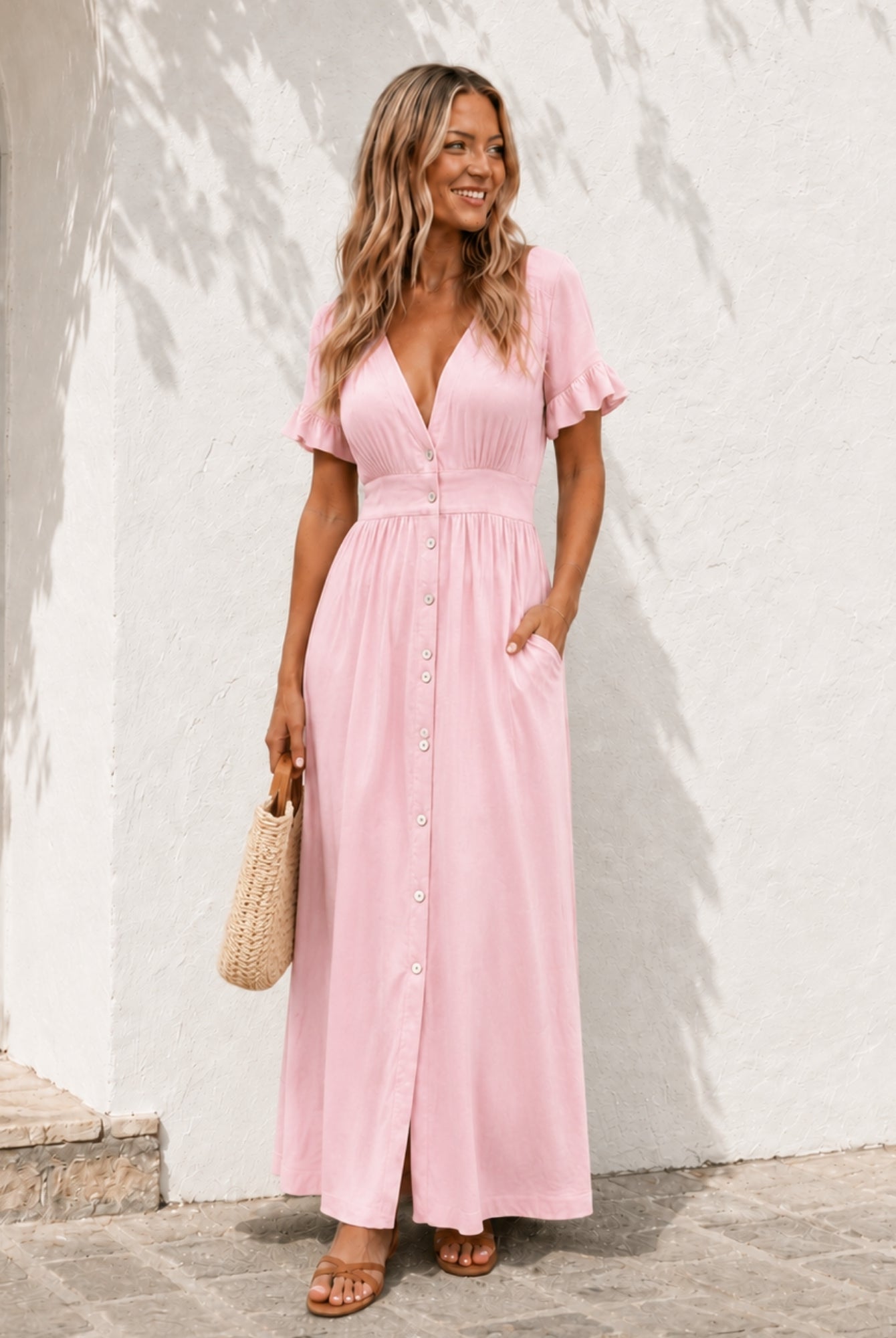 Women's powder pink linen midi dress, the Korbela Dress in Powder Pink by Esther & Co