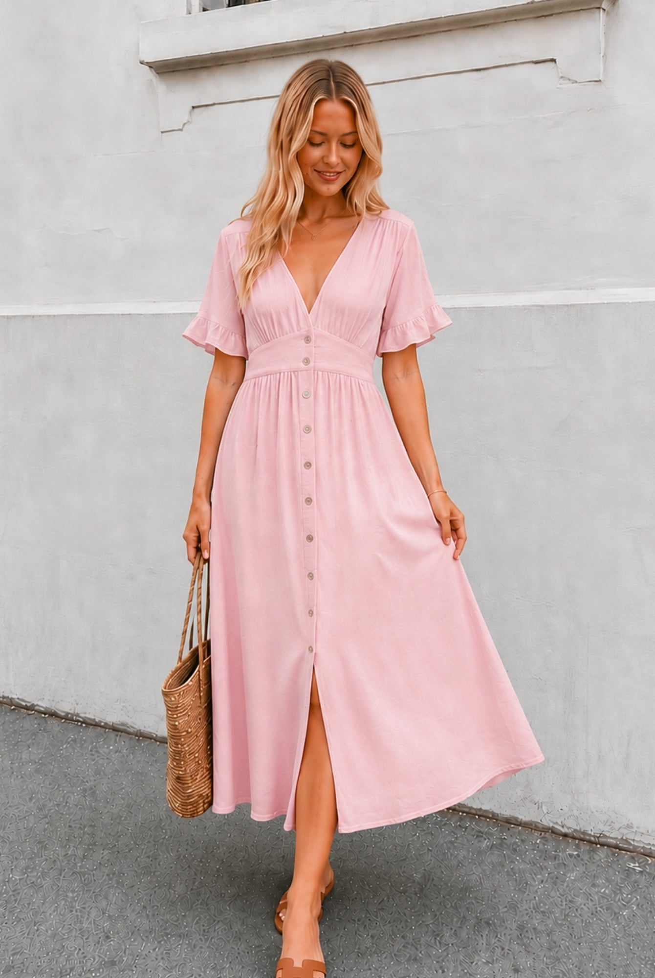 Women's powder pink Korbela dress front view by Esther & Co