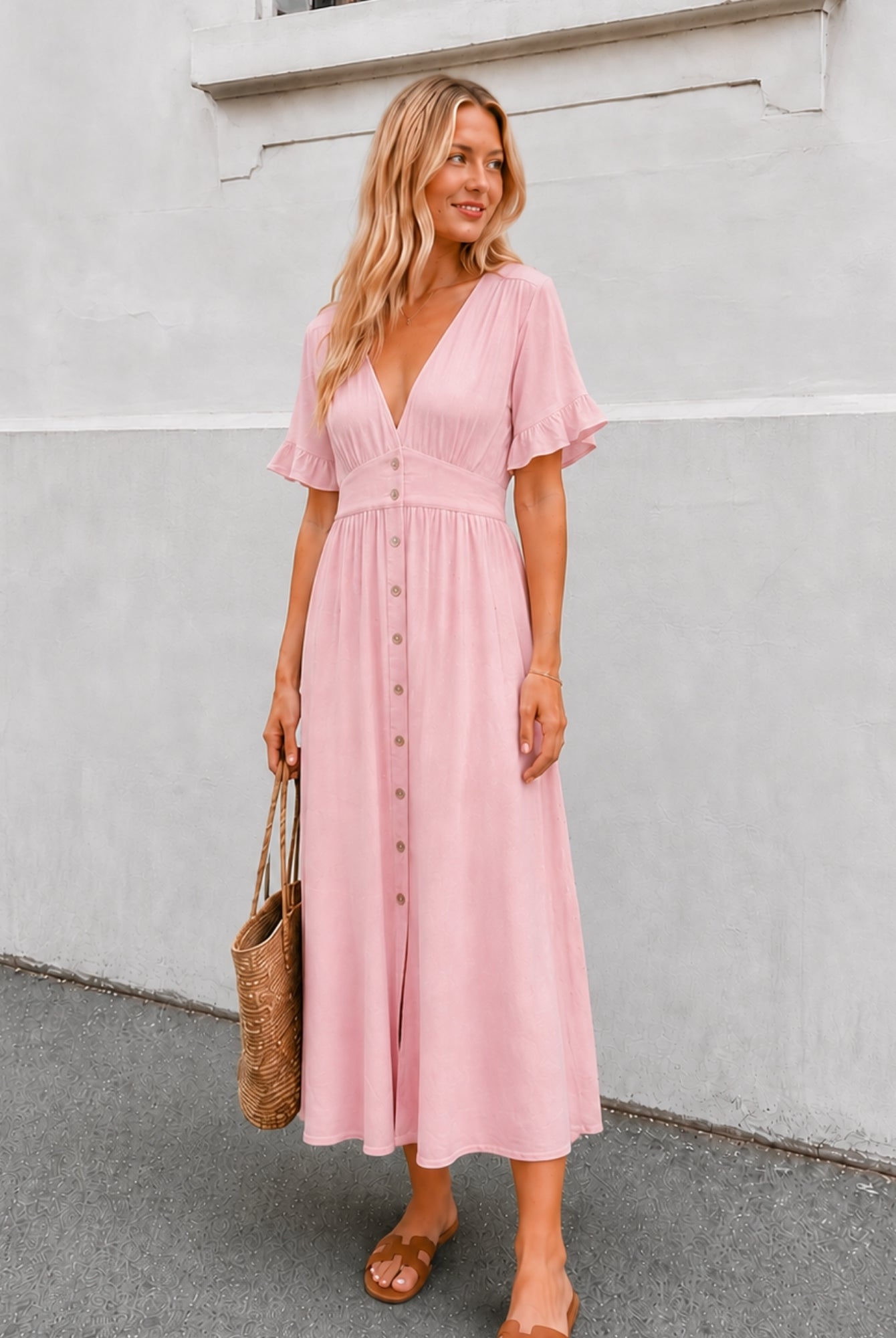 Women's powder pink Korbela dress side view by Esther & Co