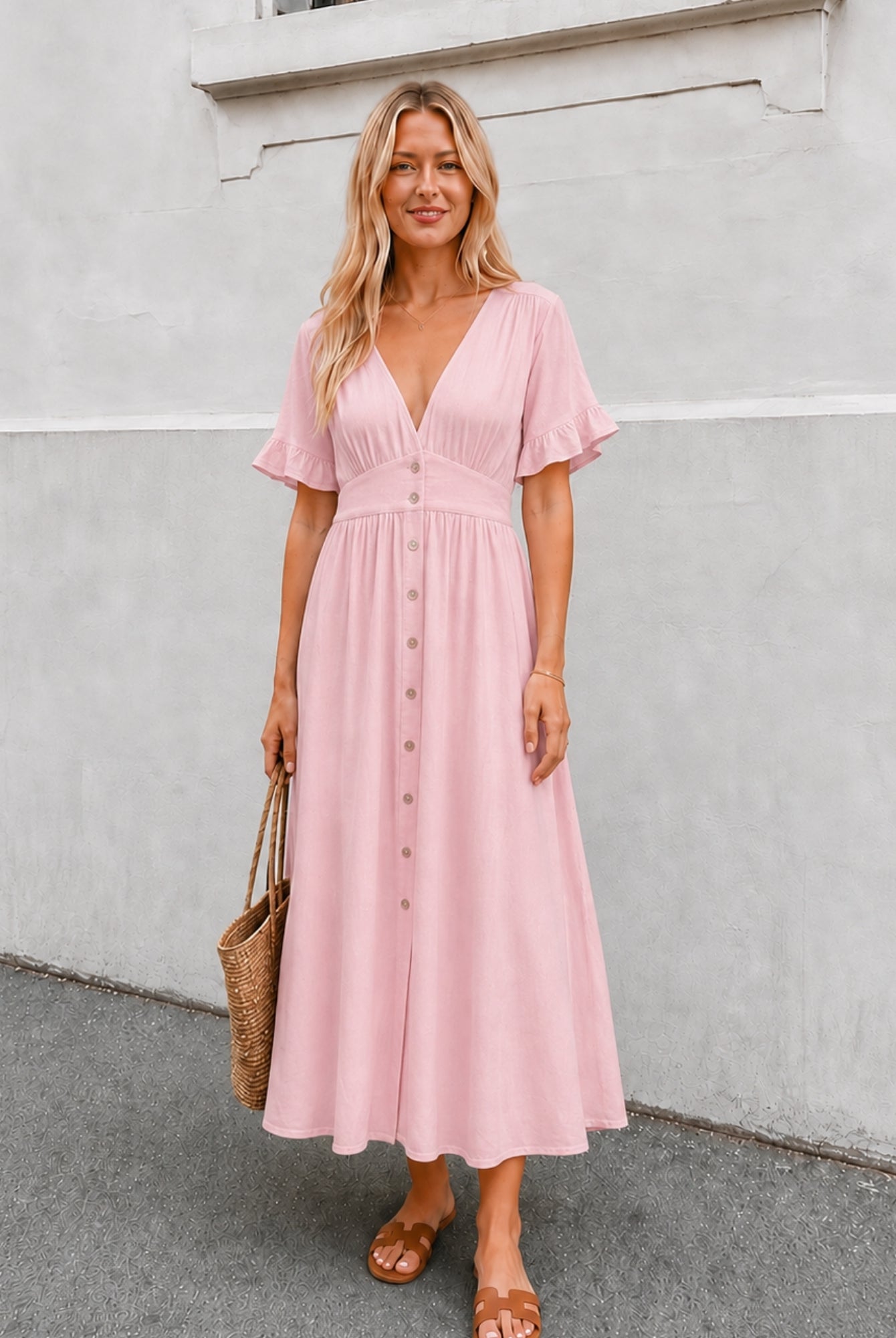 Women's powder pink Korbela dress styled outfit by Esther & Co