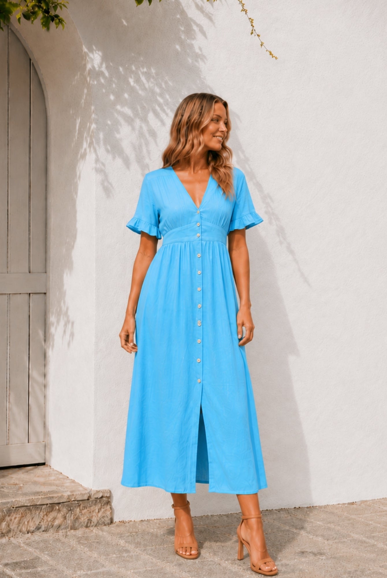 Women's sky blue Korbela dress front view by Esther & Co