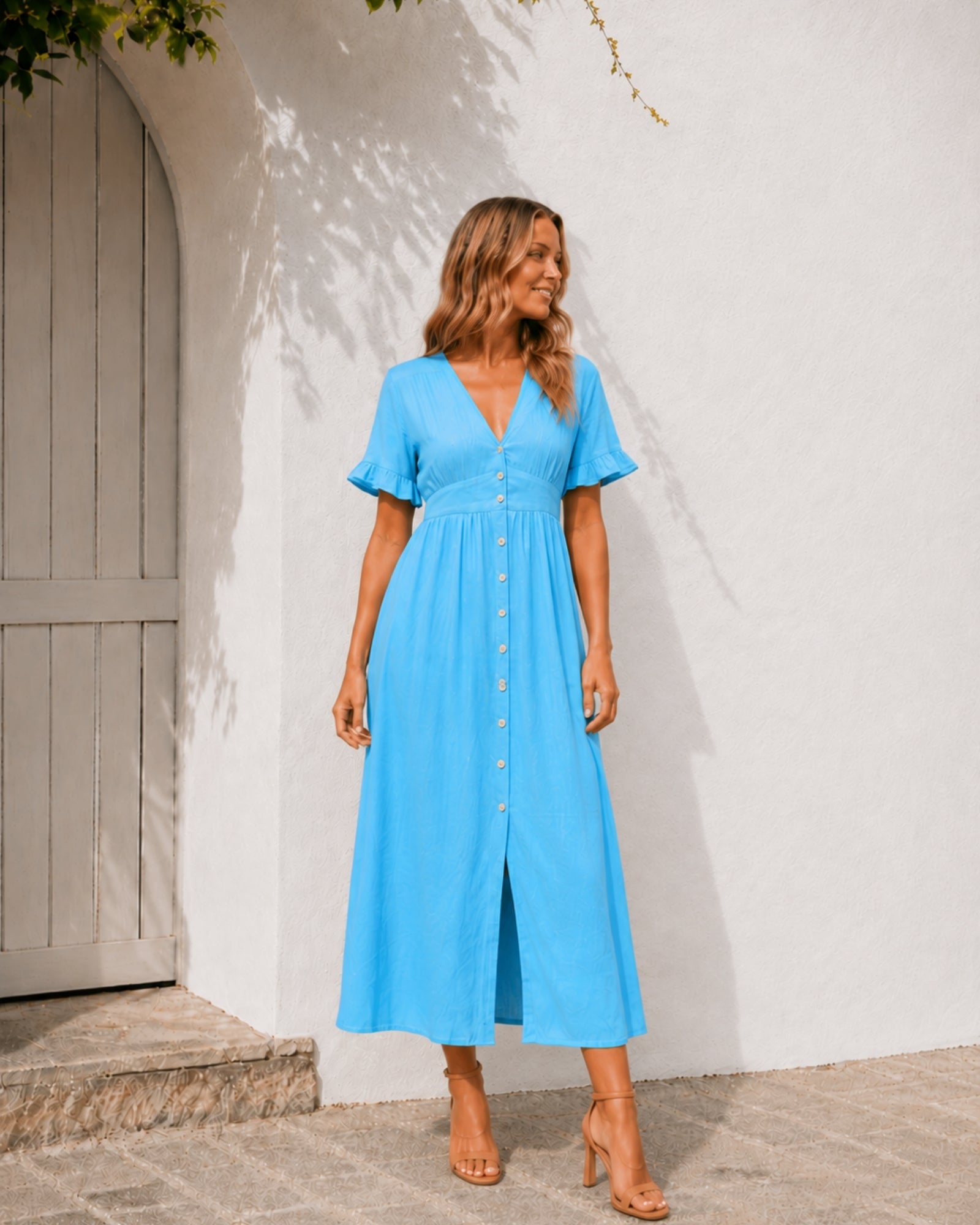 Women's sky blue Korbela dress front view by Esther & Co