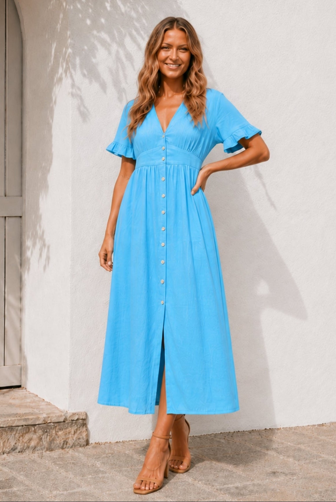 Women's sky blue Korbela dress side view by Esther & Co