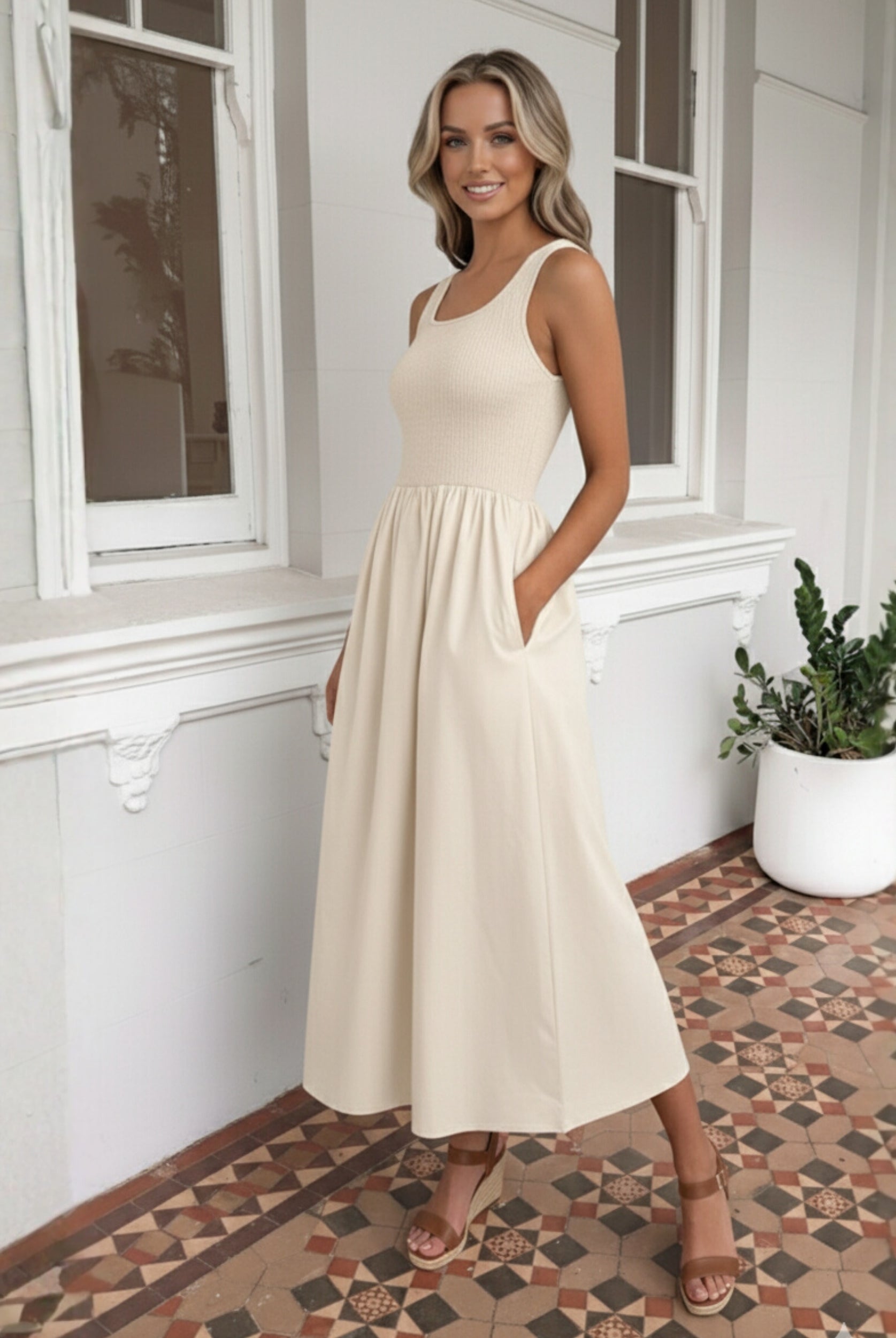 Women's cream shirred midi dress, the Kyline Cream Dress by Esther & Co