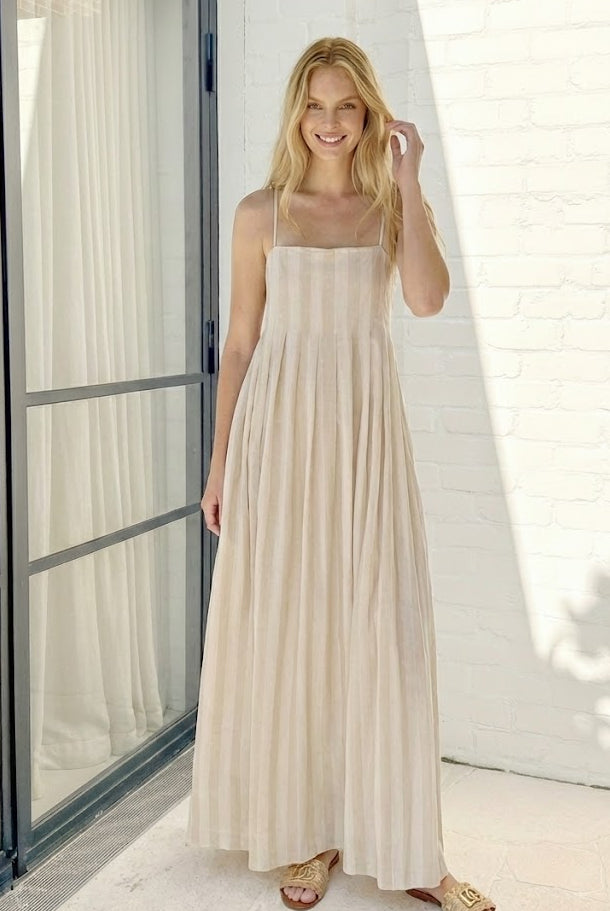 Women's beige stripe square neck maxi dress, the Rhiannon Beige Stripe Dress by Esther & Co