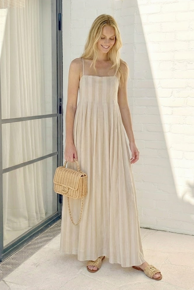 Women's beige stripe maxi dress styled outfit by Esther & Co