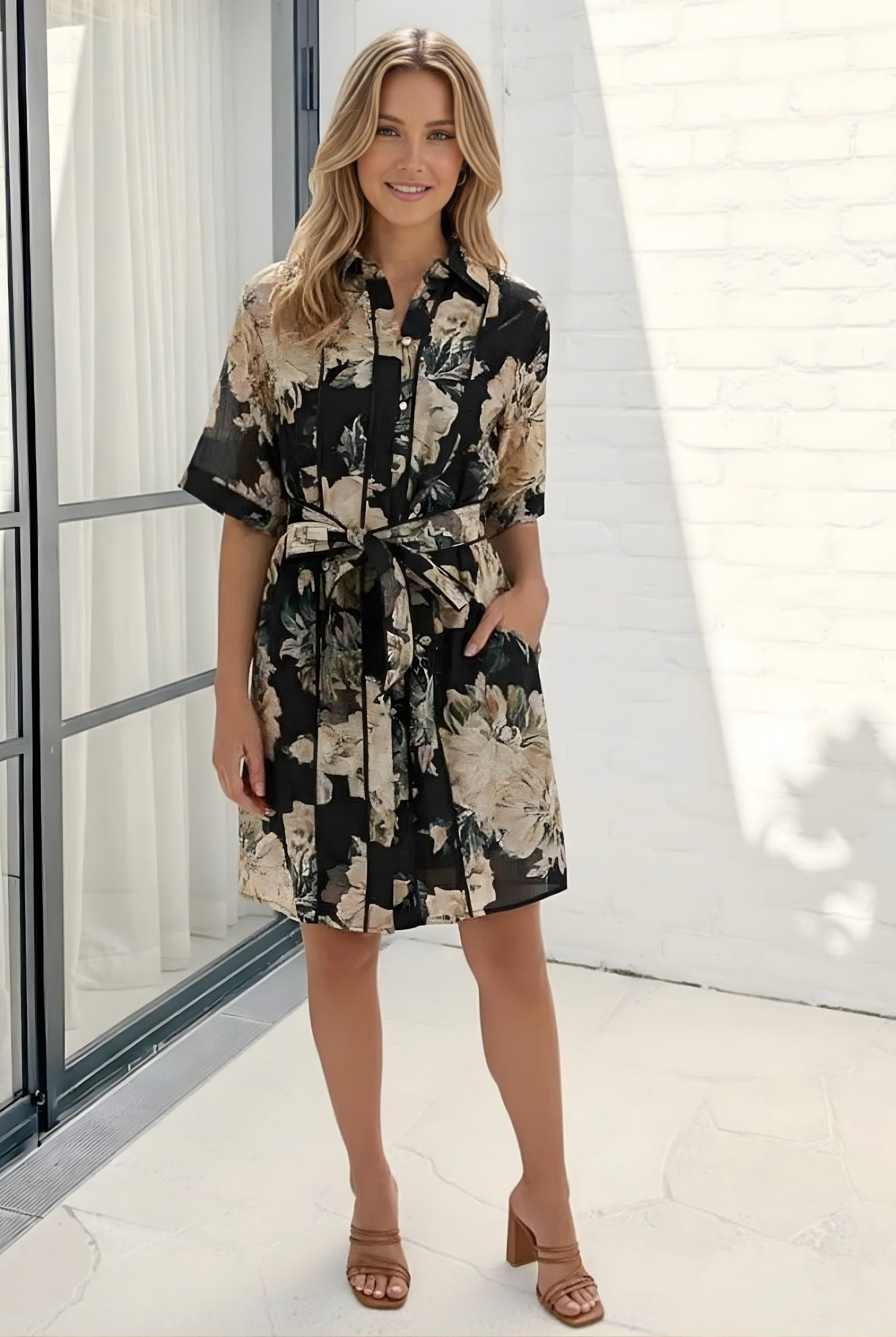Laureana Dress in Midnight Blooms midnight floral print midi dress with collar and button-down side view