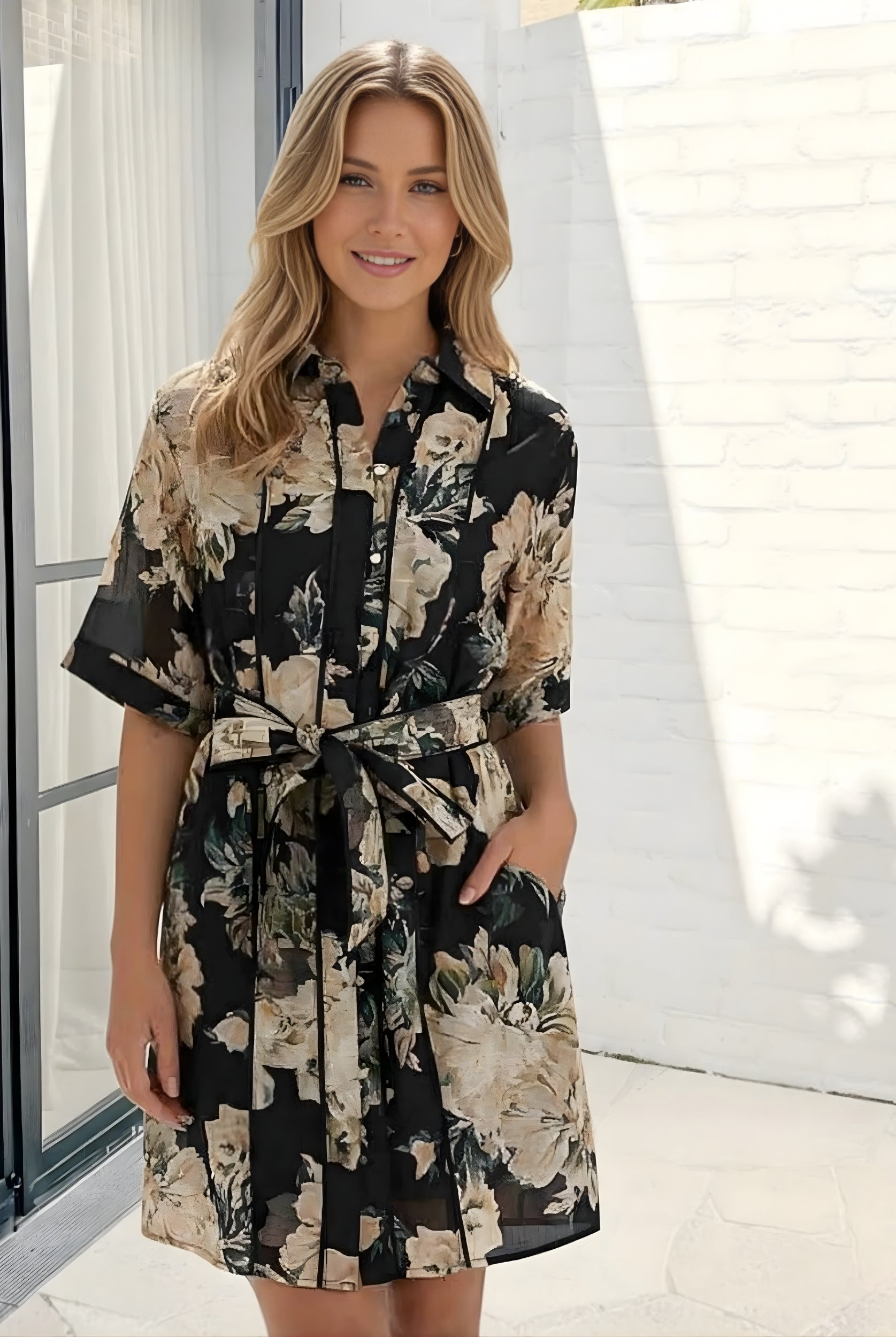 Laureana Dress in Midnight Blooms womens floral midi dress with midnight blooms print front view