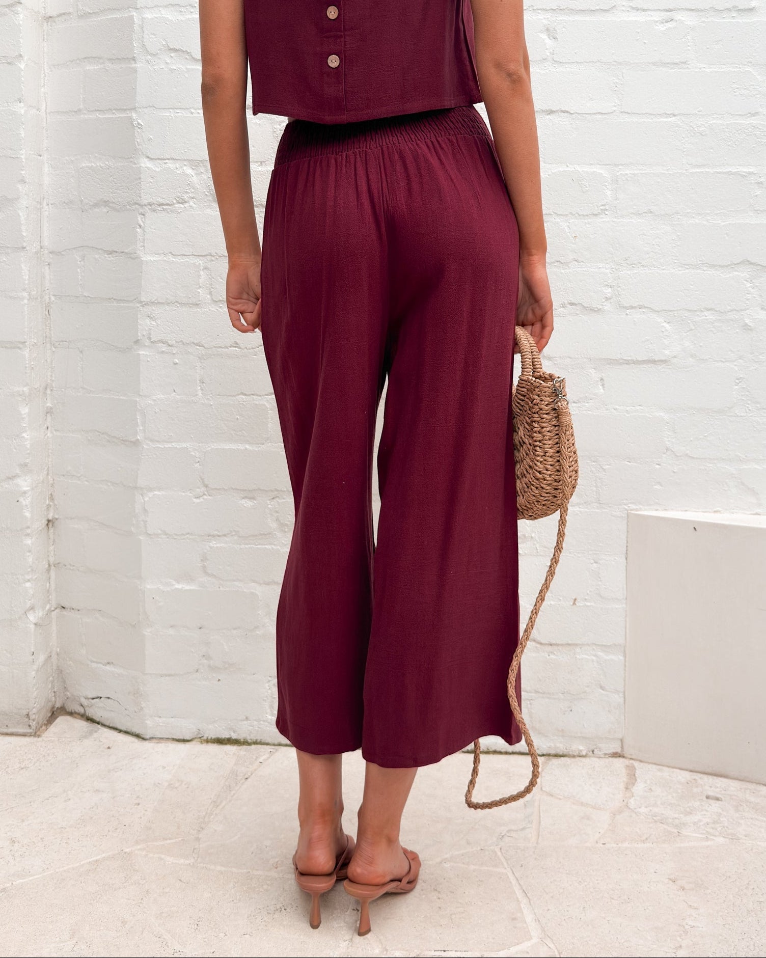 Women's high waisted bordeaux linen wide leg trousers by Esther & Co
