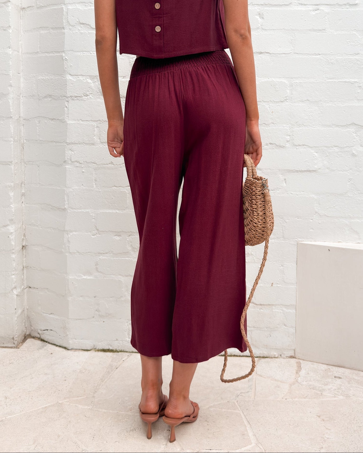 Women's high waisted bordeaux linen wide leg trousers by Esther & Co