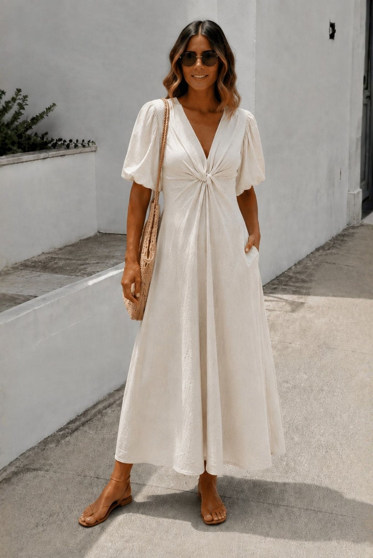 Women's cream puff sleeve linen midi dress, the Lilia Dress in Cream Whisper by Esther & Co