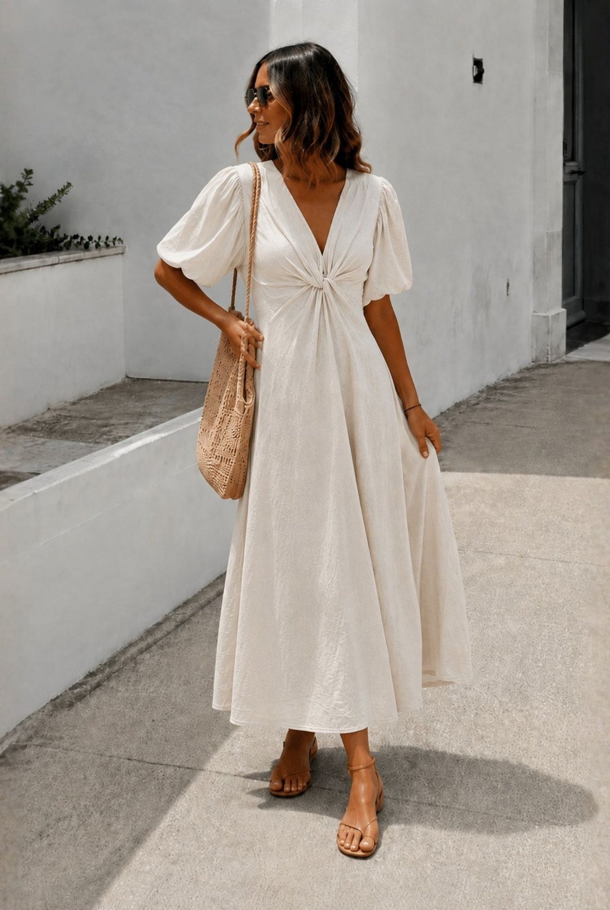 Women's cream V-neck puff sleeve midi dress front view by Esther & Co