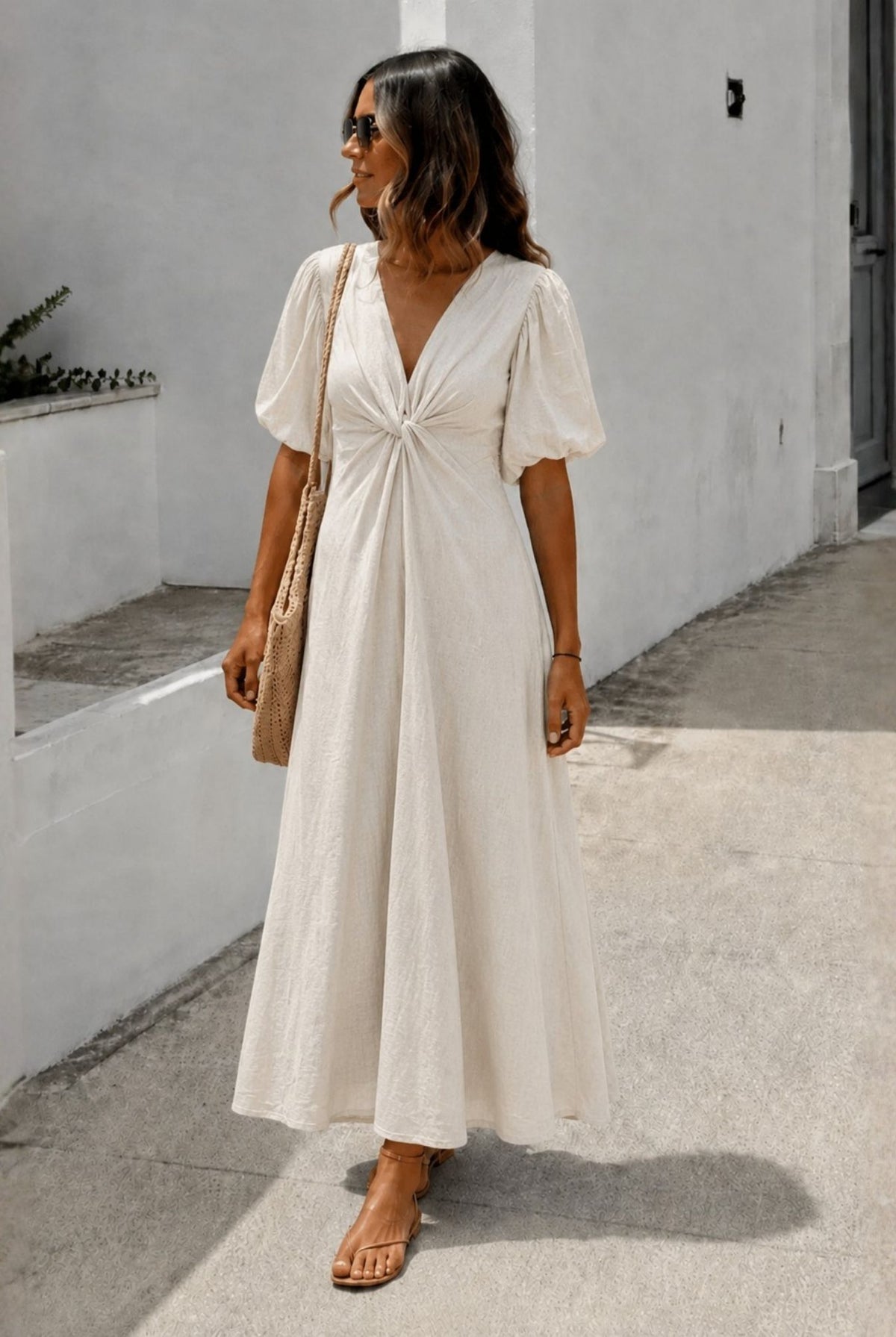 Women's cream linen puff sleeve midi dress styled outfit by Esther & Co