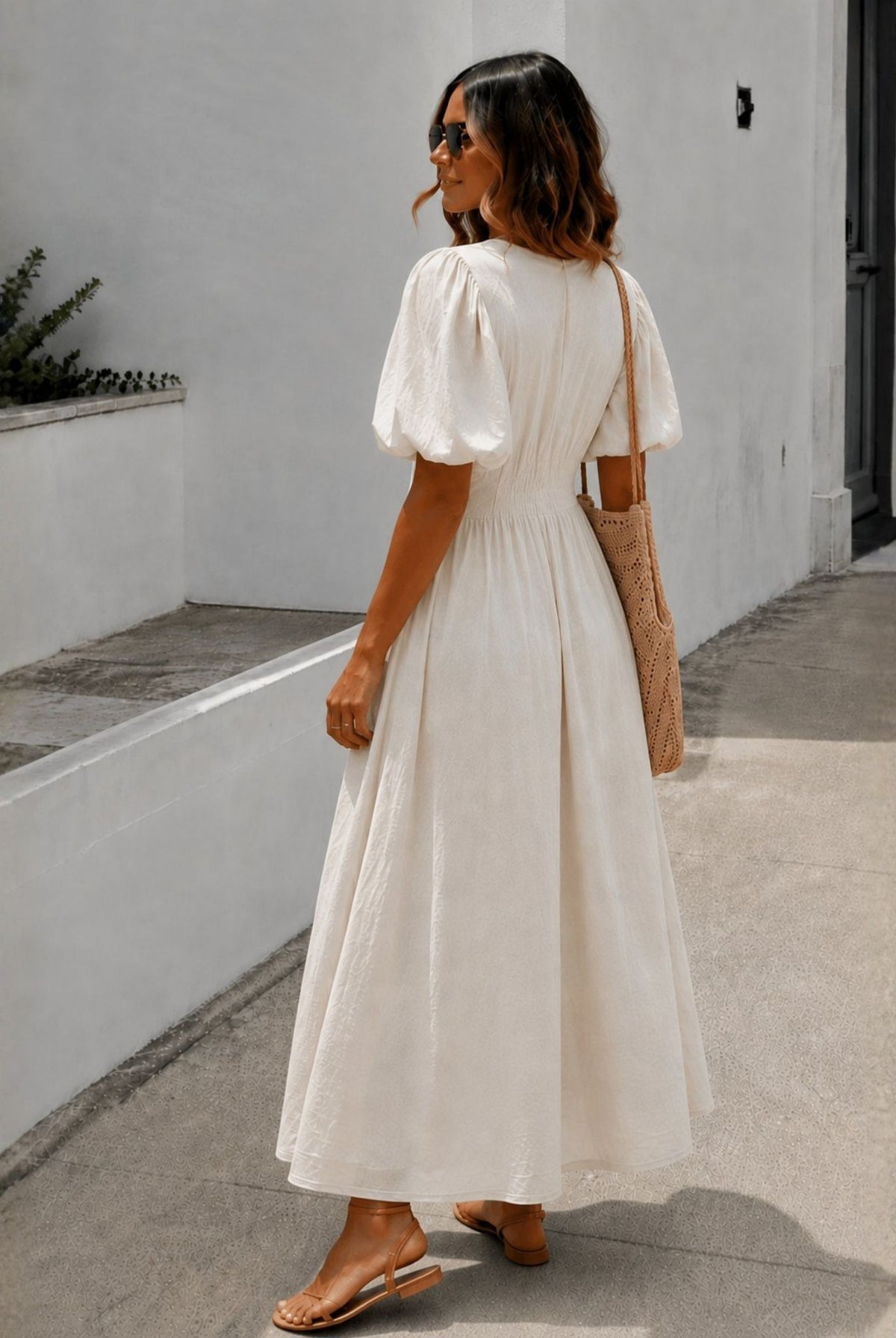 Women's cream twist front midi dress side view by Esther & Co