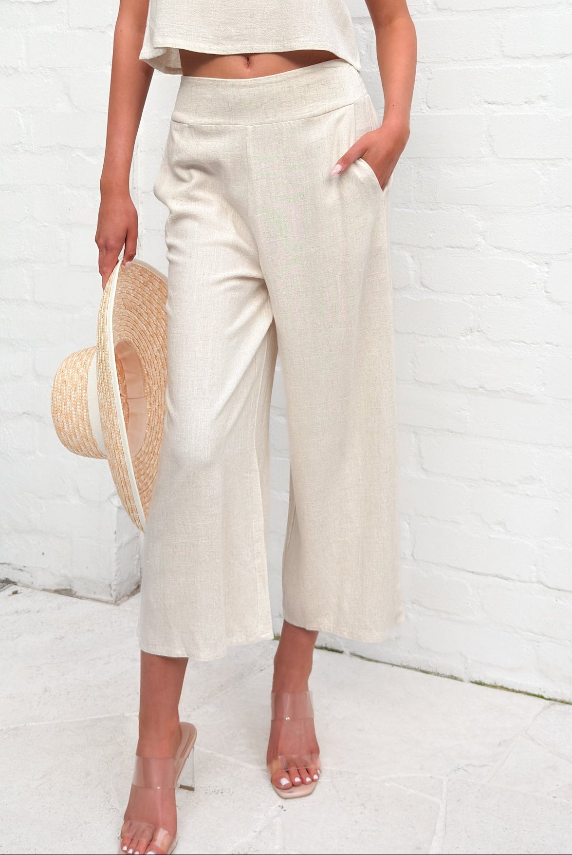 Lizzo Pants in Oatmeal oatmeal cropped wide leg linen pants side view