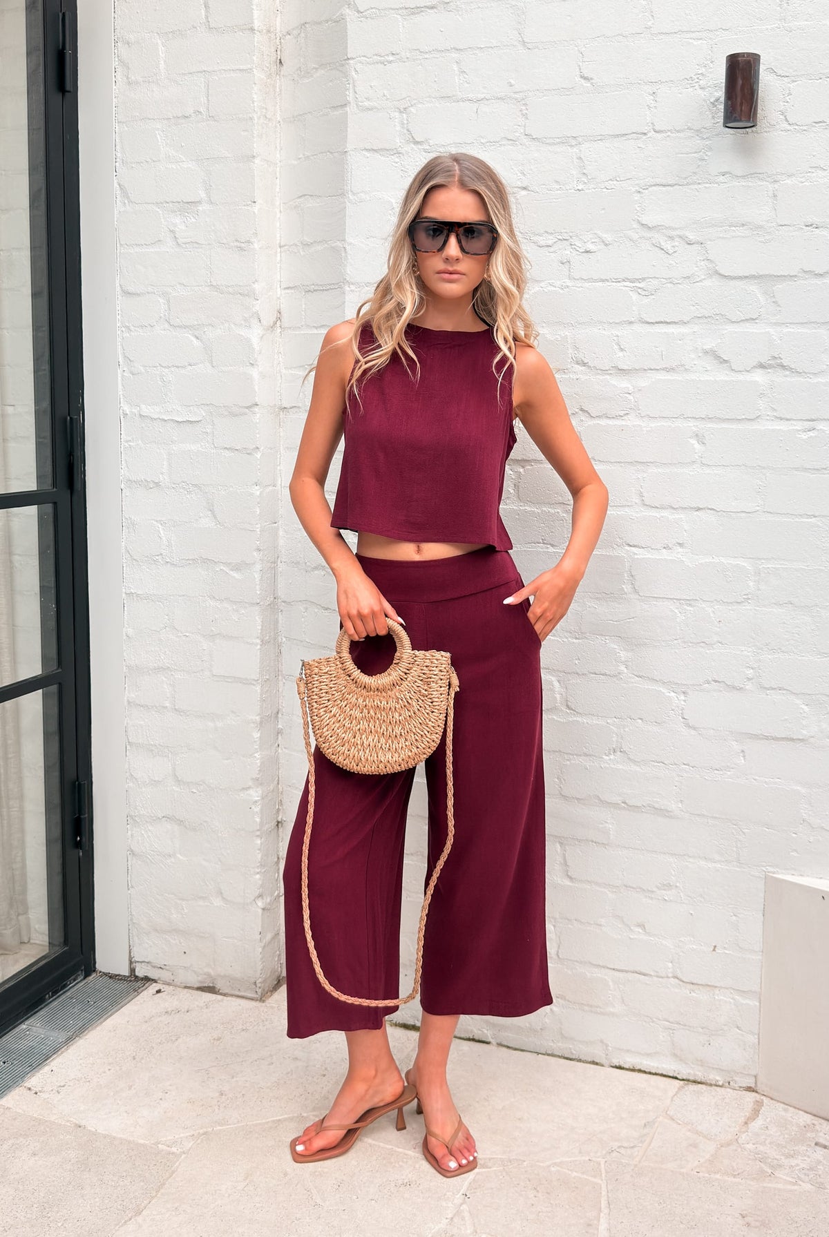 Women's bordeaux linen crop top front view by Esther & Co