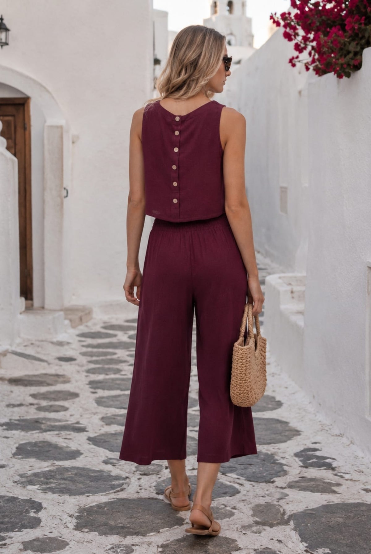 Lizzo Top in Bordeaux — women's linen crop top, front view