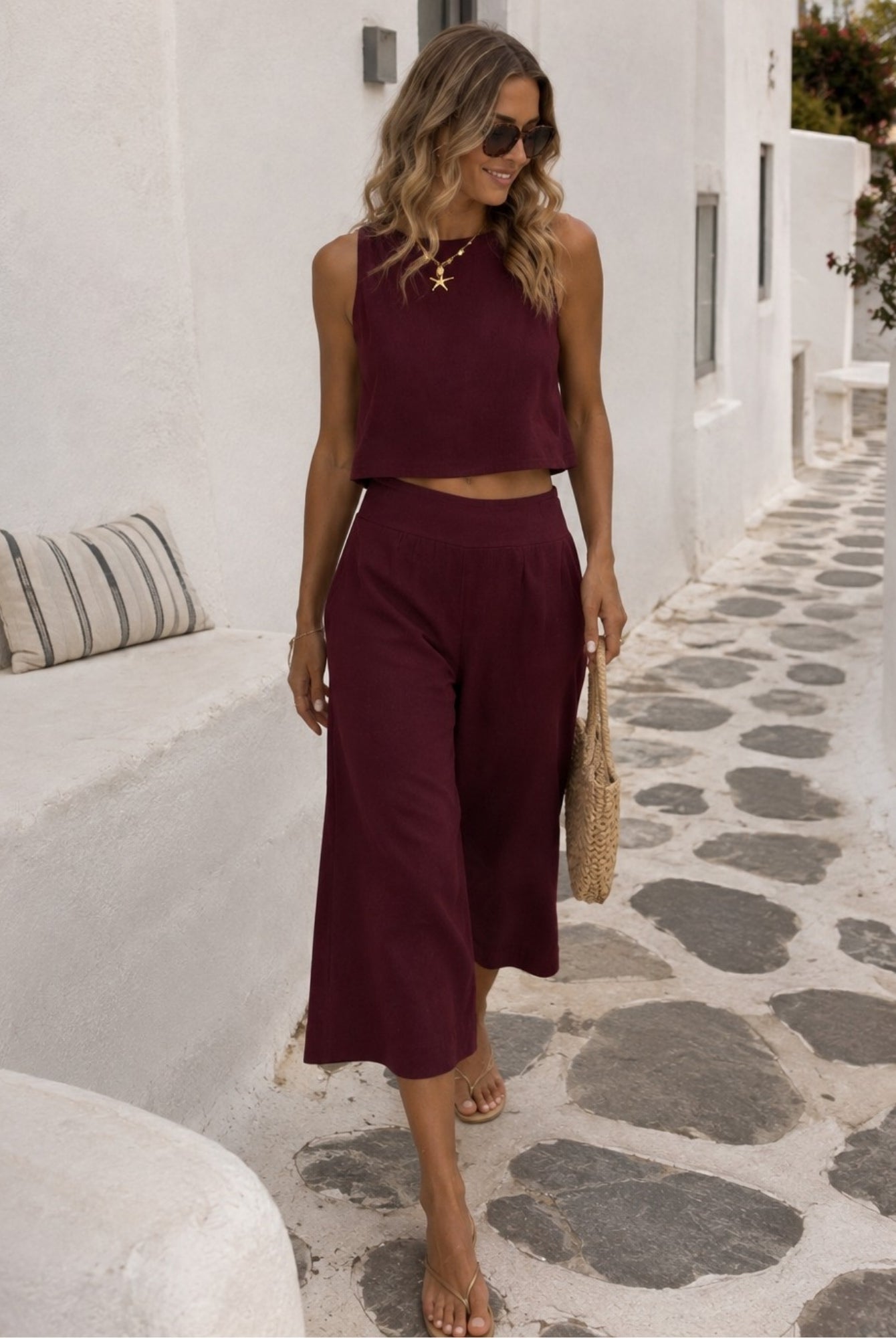 Women's bordeaux sleeveless linen crop top, the Lizzo Top in Bordeaux by Esther & Co