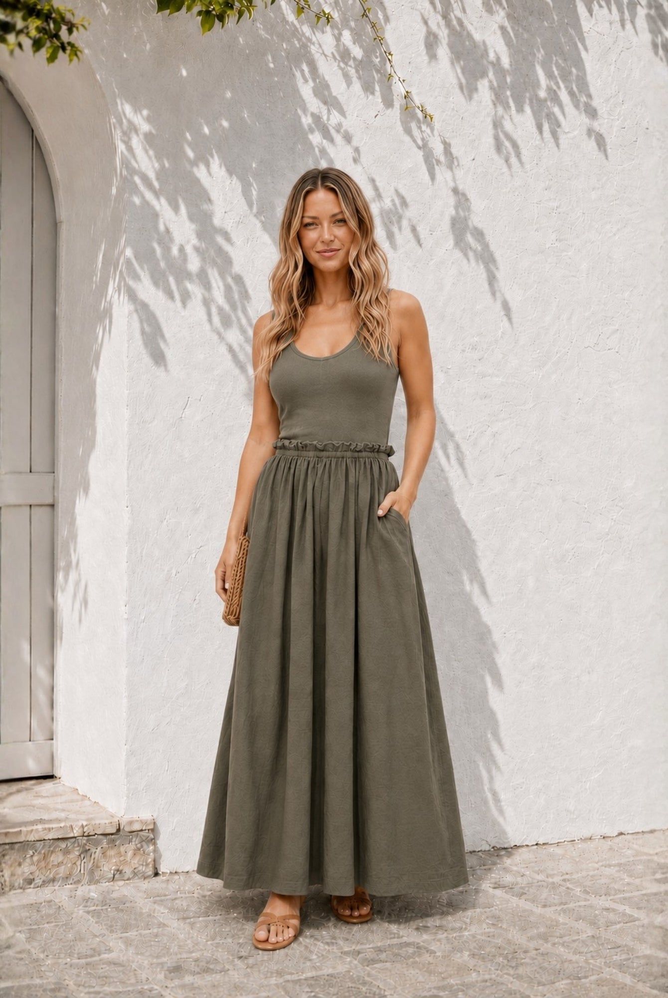 Women's khaki cotton maxi dress with scoop neck and frill detail, the Lucienne Dress in Khaki by Esther & Co