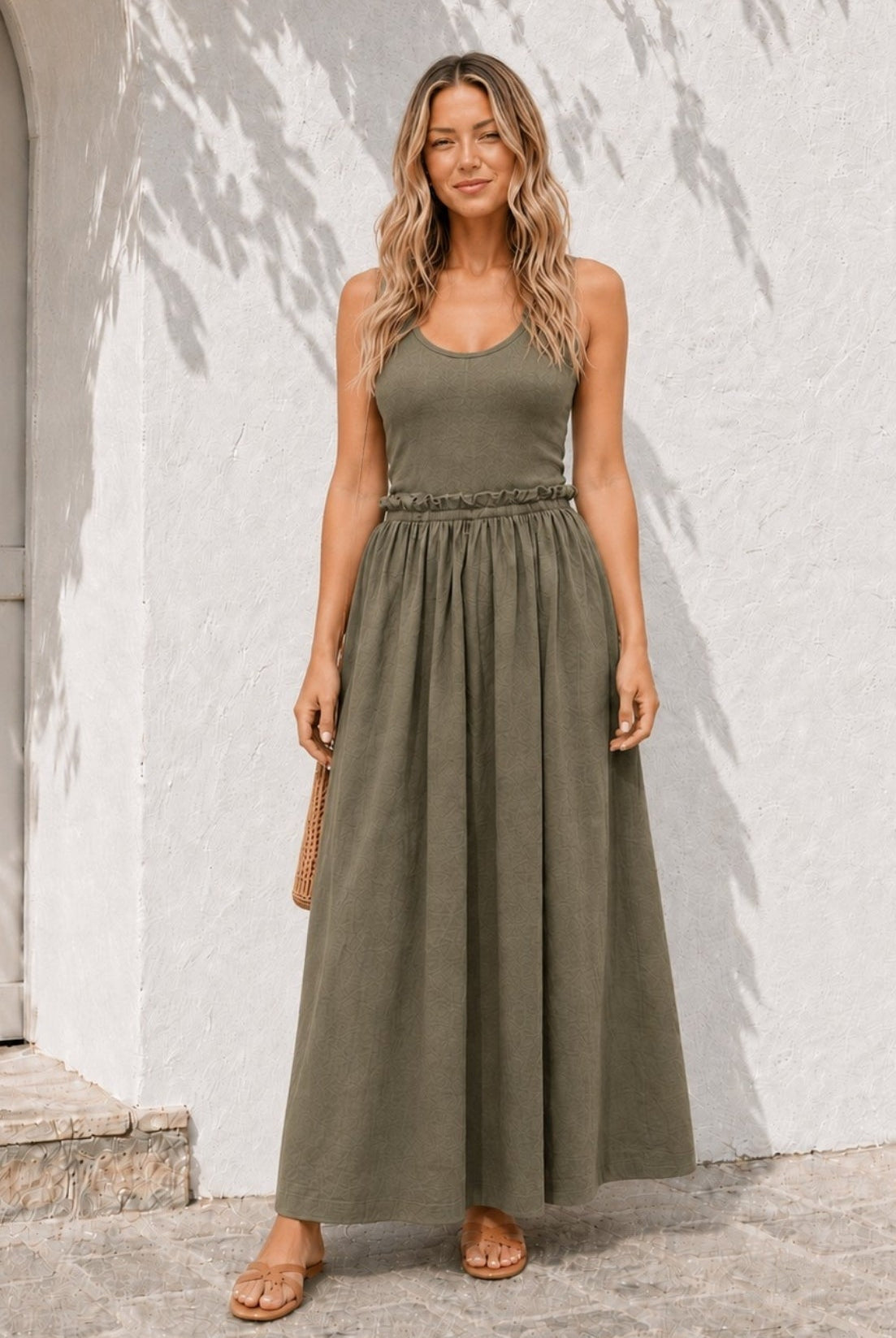 Women's khaki cotton maxi dress front view, the Lucienne Dress in Khaki by Esther & Co