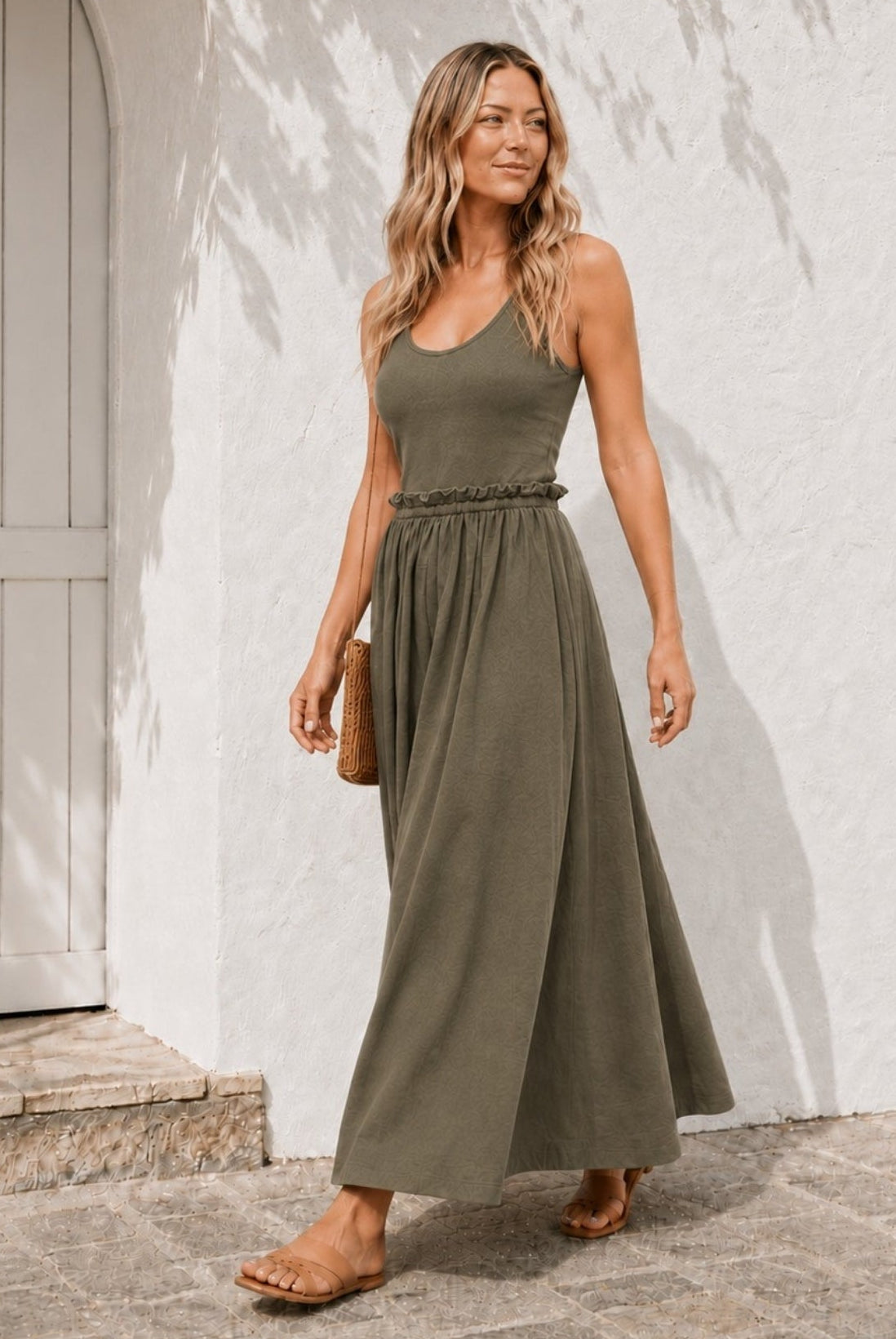Women's khaki cotton maxi dress back view, the Lucienne Dress in Khaki by Esther & Co