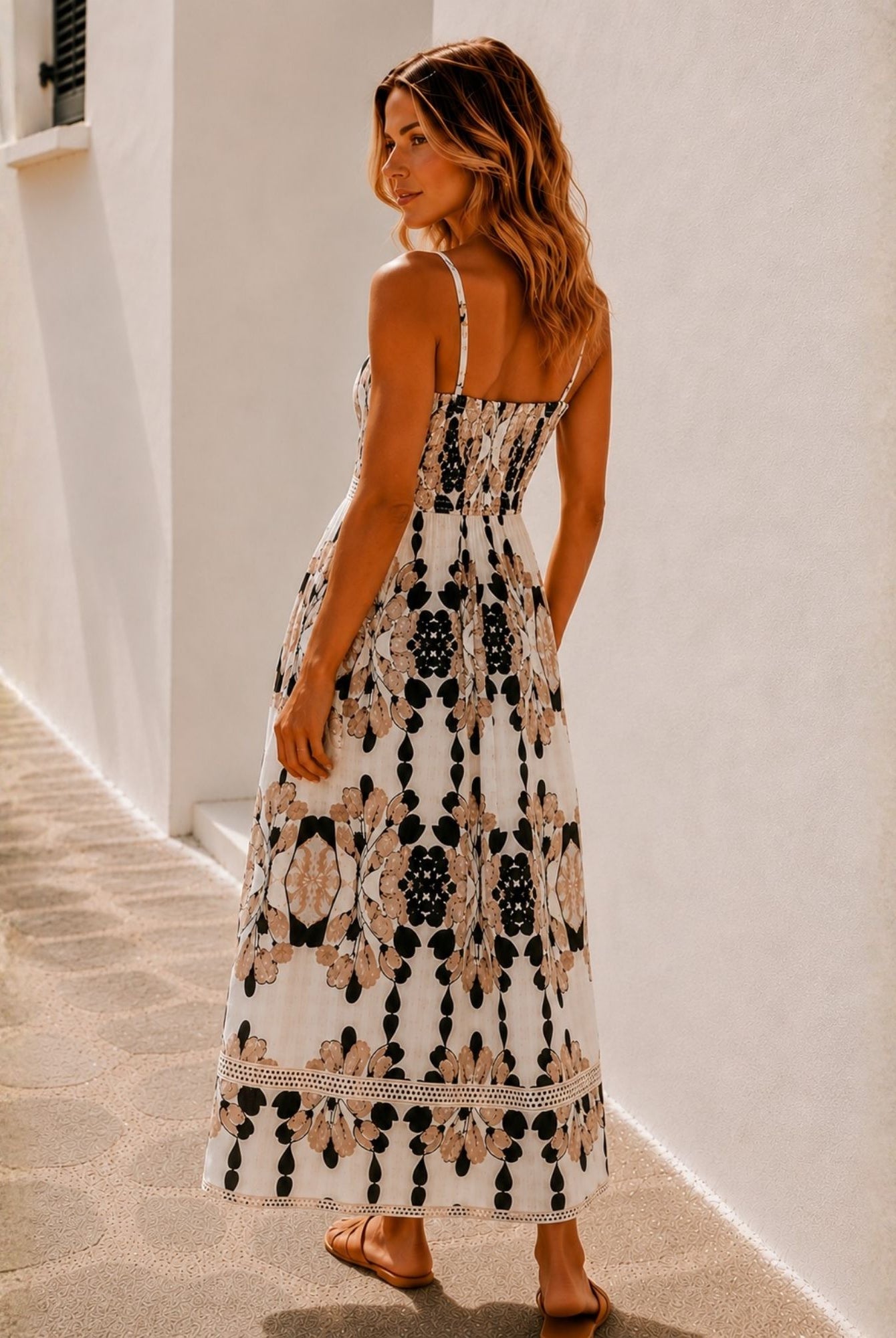 Women's black and cream floral midi dress side view by Esther & Co