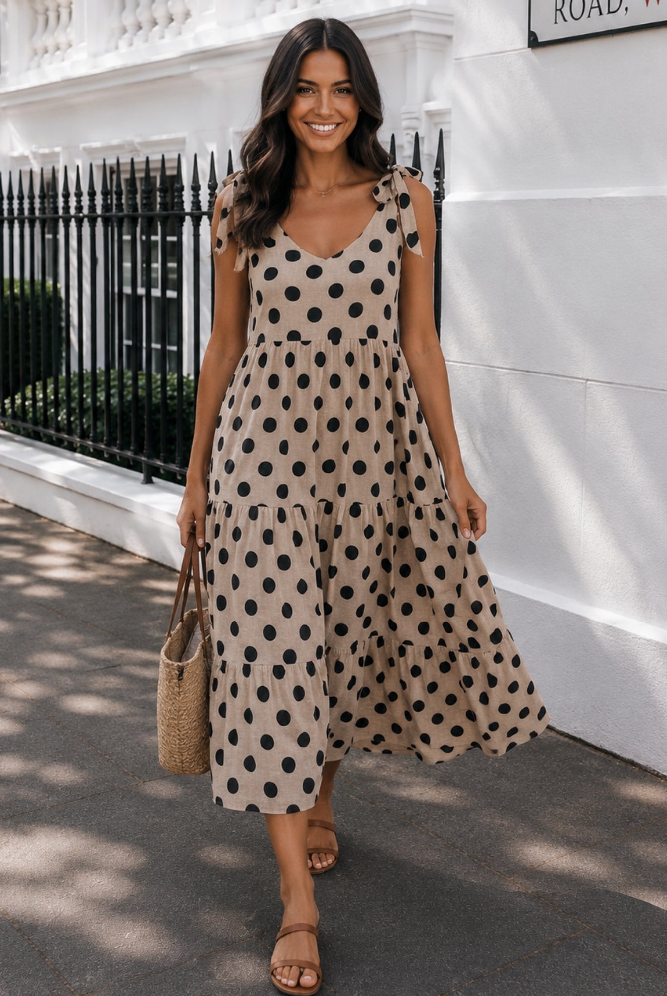 Women's khaki spot linen blend midi dress side view, the Lyda Dress in Khaki Spot by Esther & Co