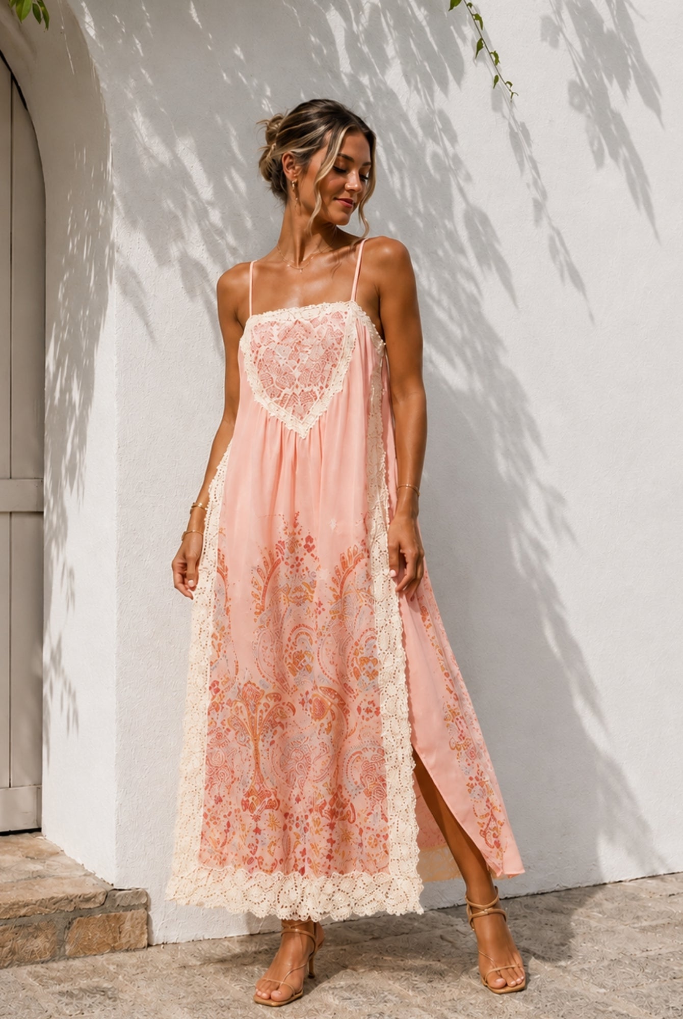Women's blush lace maxi dress, the Maelis Dress in Blush Serenade by Esther & Co