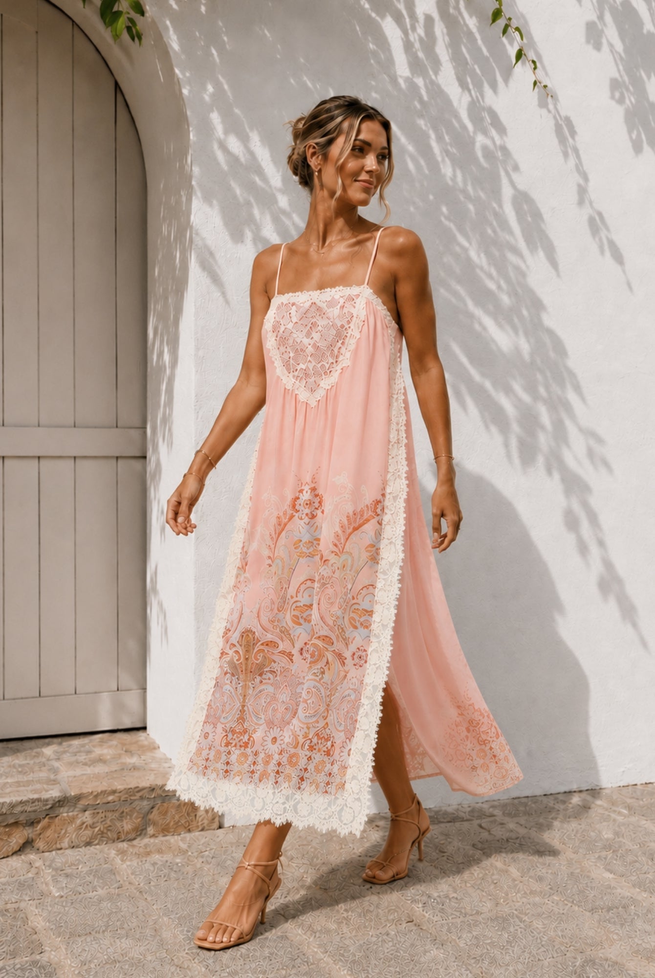 Women's blush lace maxi dress front view by Esther & Co