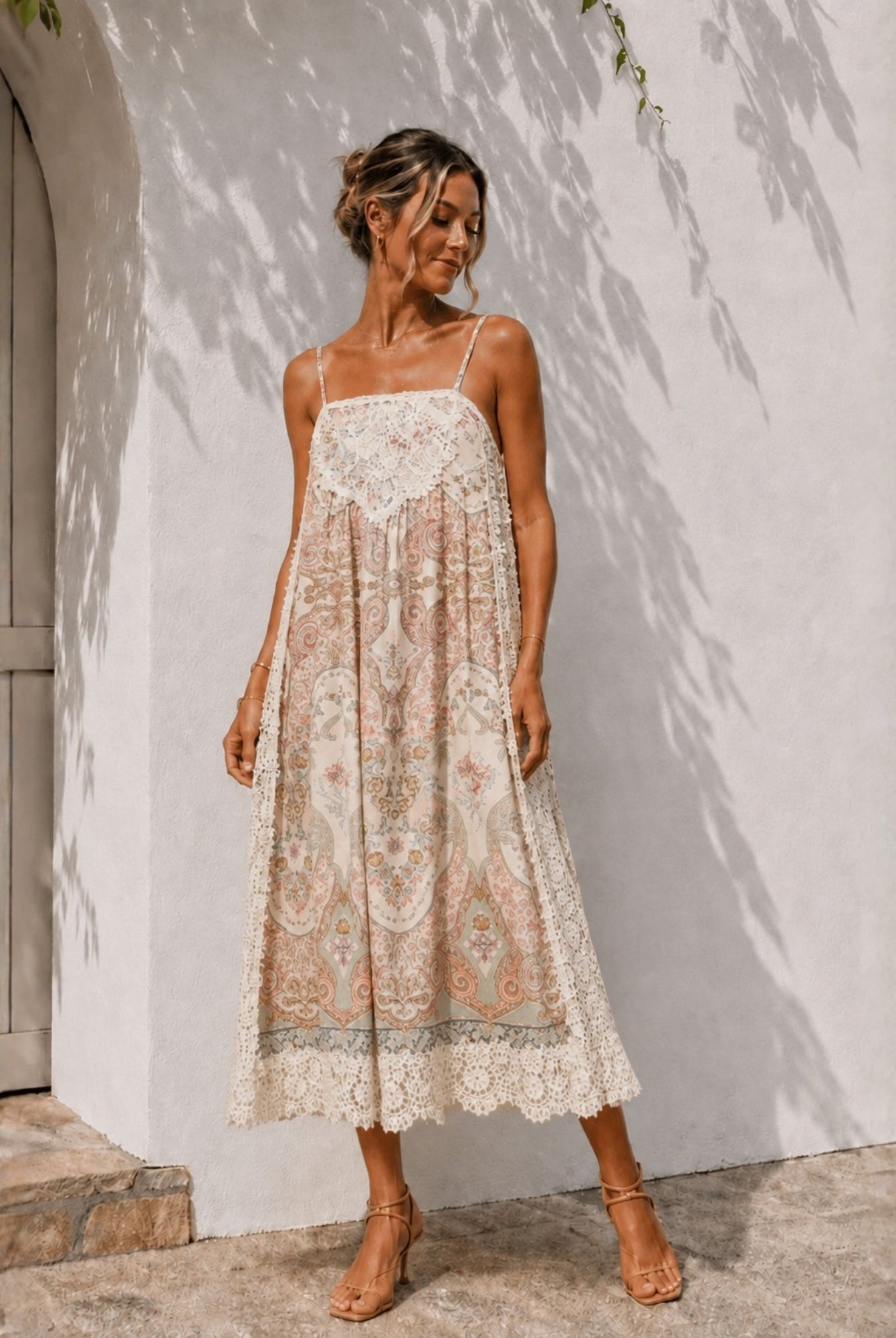 Women's paisley floral print midi dress with a square neckline, the Maravelle Dress in Boho Reverie by Esther & Co