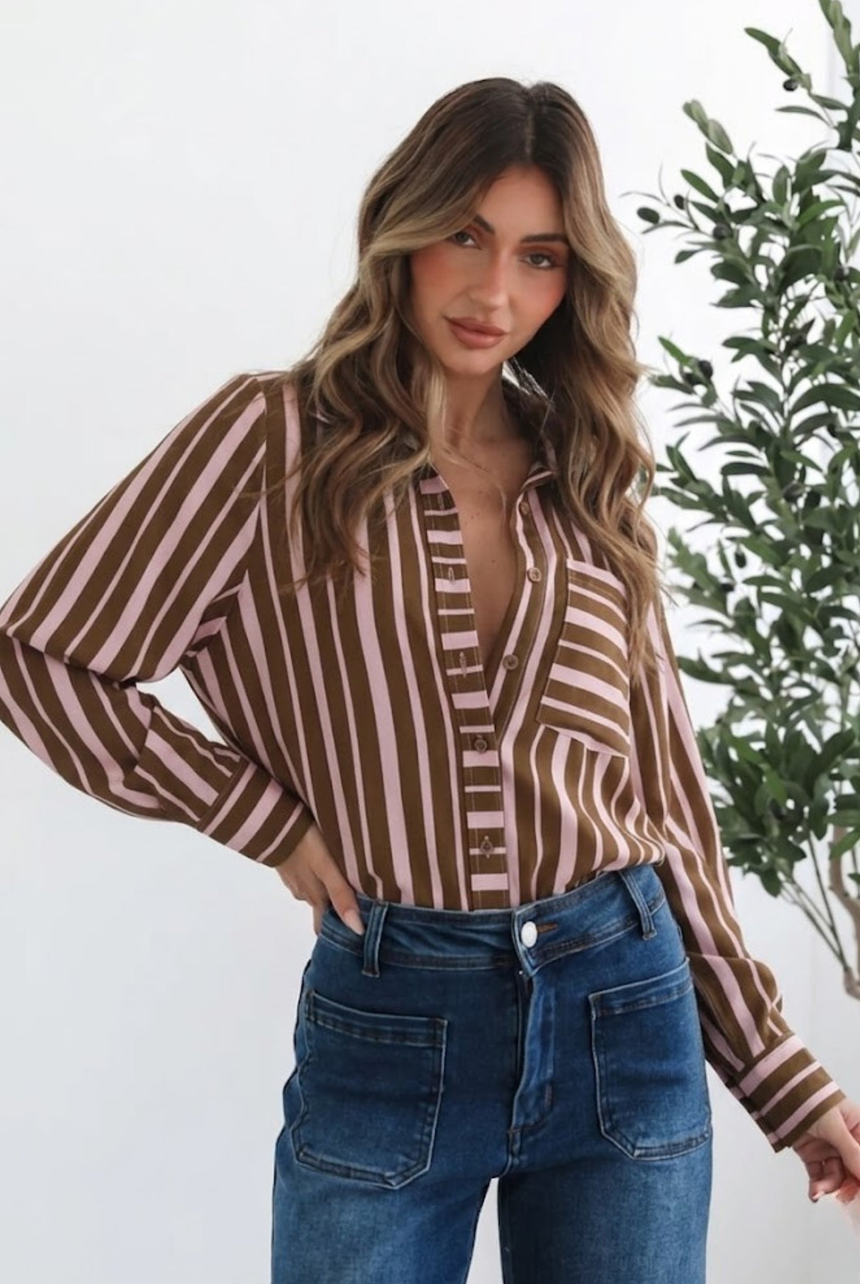Women's chocolate stripe button up shirt with collar and relaxed fit, the Mariette Shirt in Choc Stripe by Esther & Co