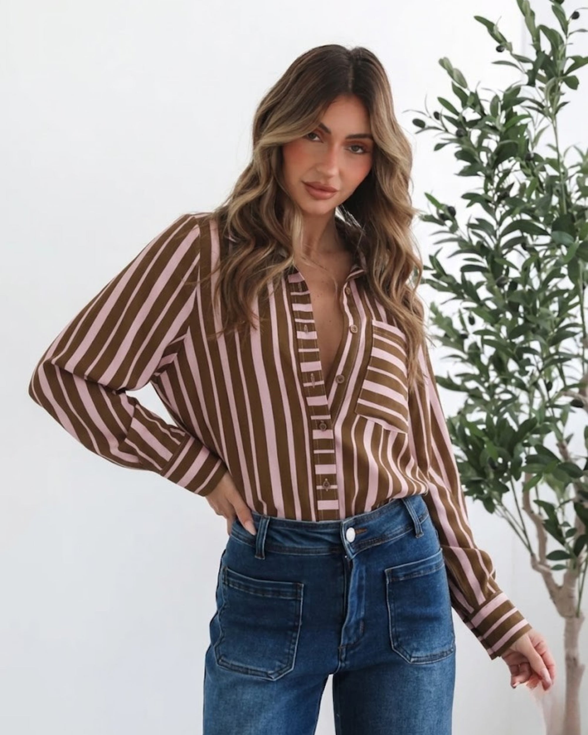 Women's chocolate stripe button up shirt with collar and relaxed fit, the Mariette Shirt in Choc Stripe by Esther & Co