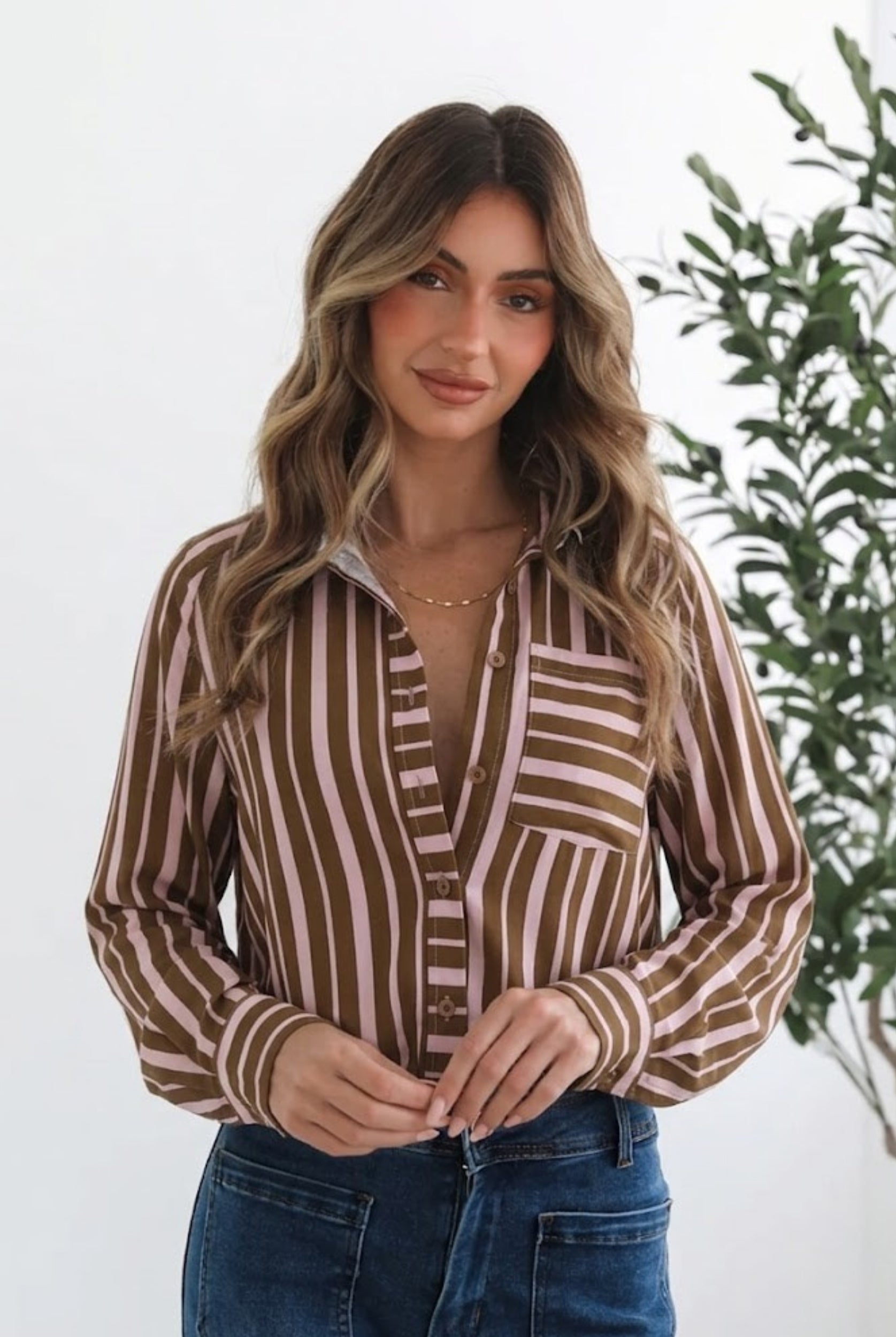 Women's chocolate striped oversized shirt by Esther & Co