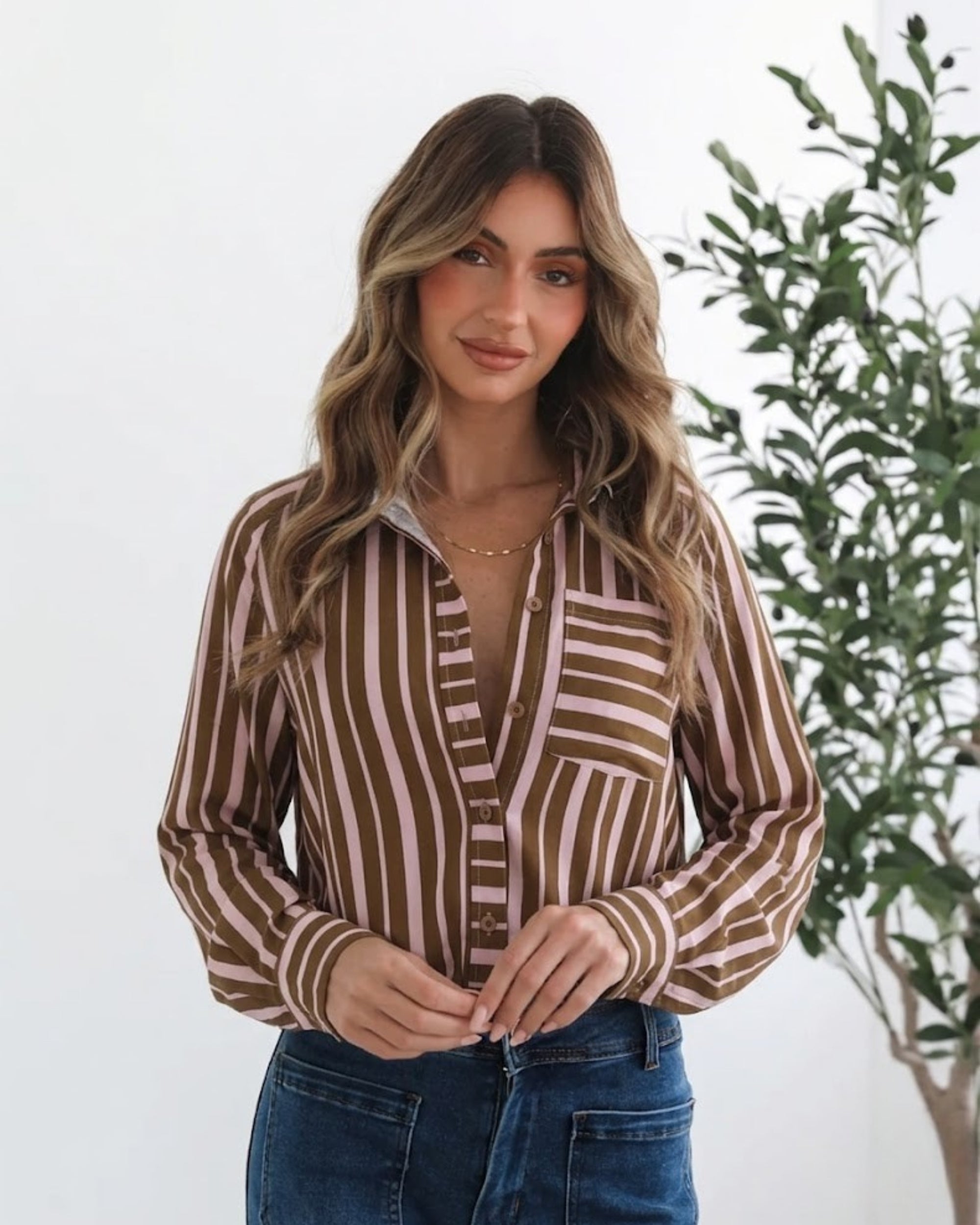Women's chocolate striped oversized shirt by Esther & Co
