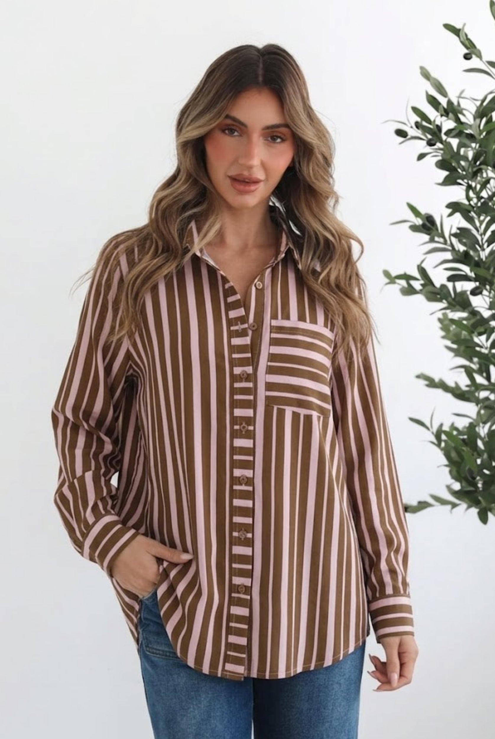 Women's lightweight chocolate stripe collared shirt styled with denim by Esther & Co