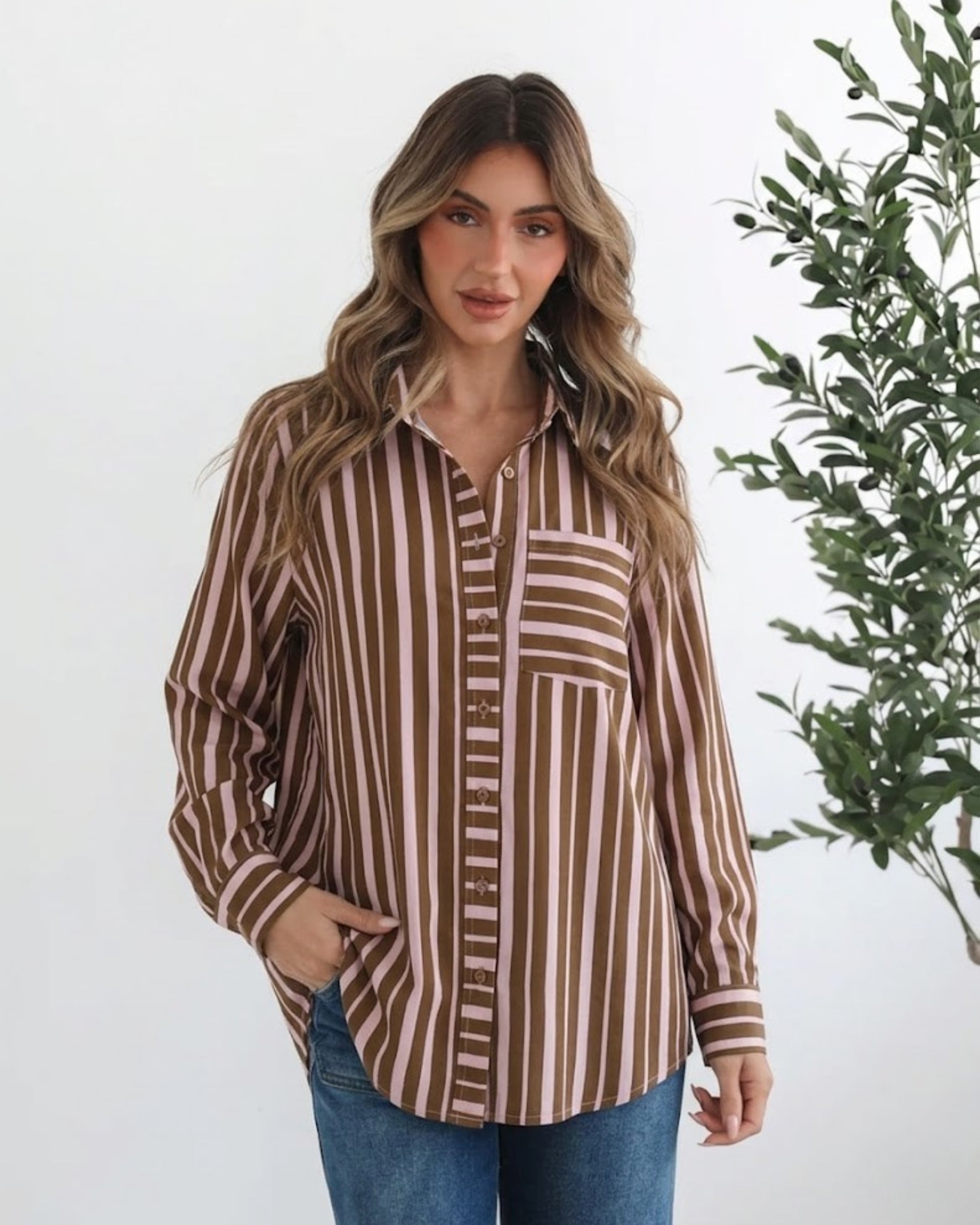 Women's lightweight chocolate stripe collared shirt styled with denim by Esther & Co