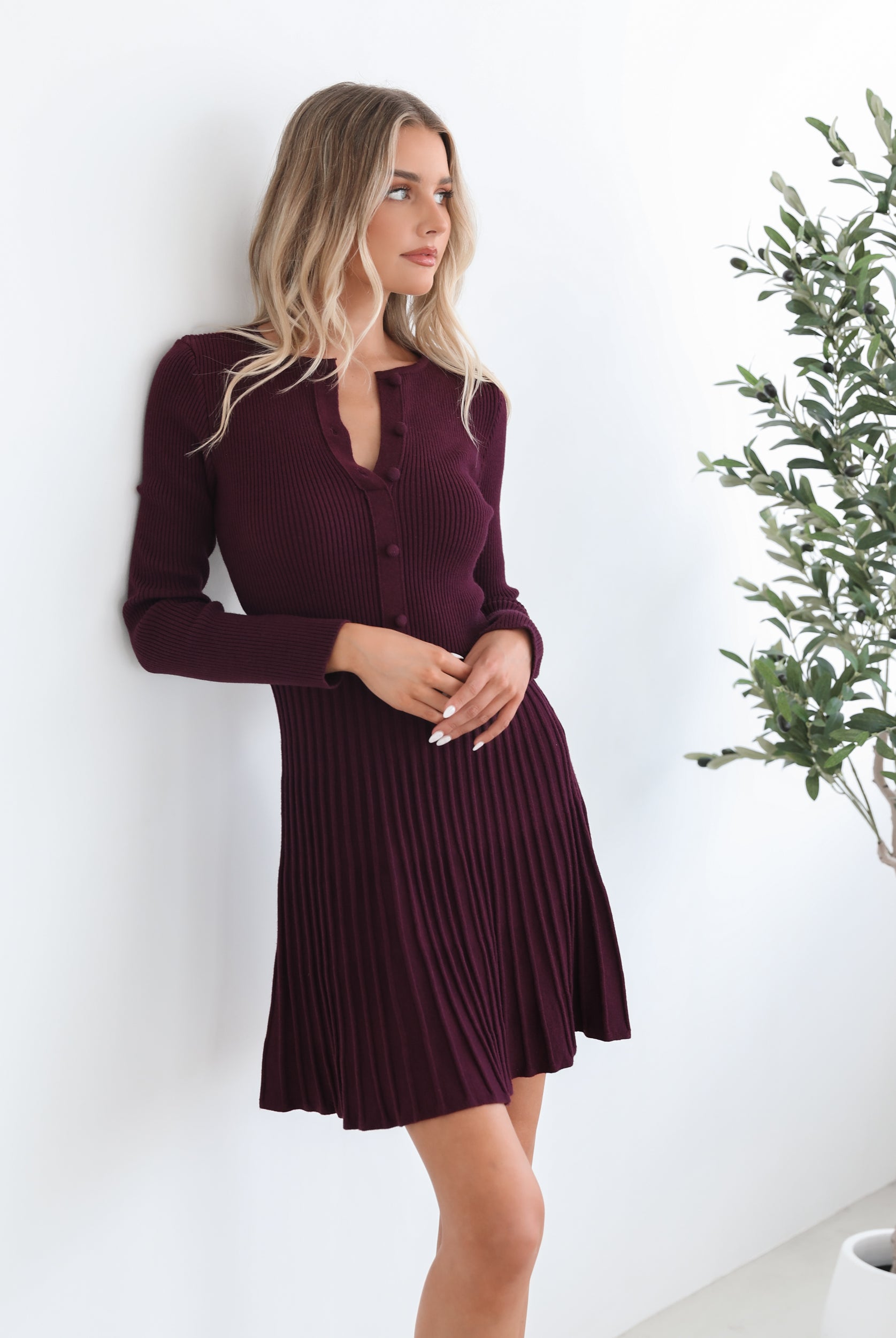 Marifi Knit Dress in Maroon maroon knit midi dress side view