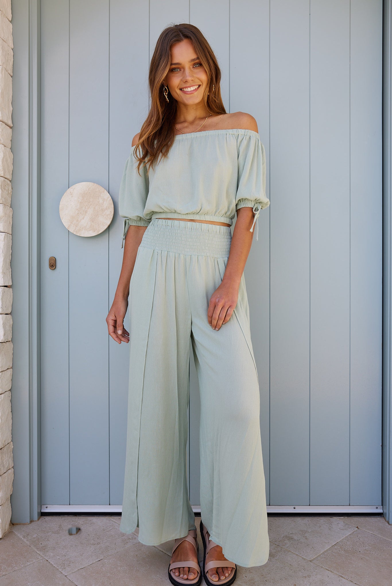 Women's sage off-shoulder crop top with quarter sleeves by Esther & Co