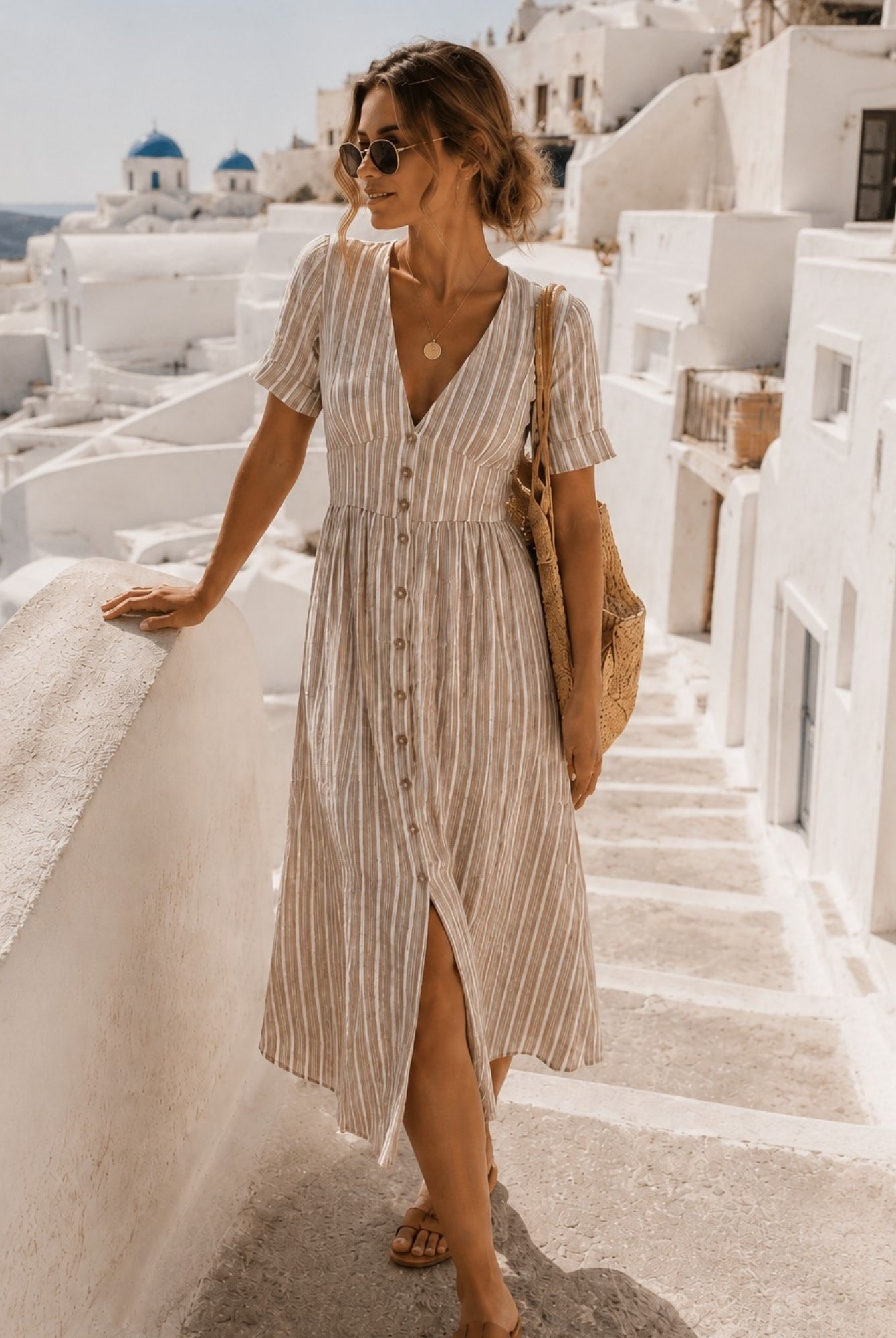 Women's cocoa striped dress front view, the Mariska Dress in Cocoa Stripe by Esther & Co